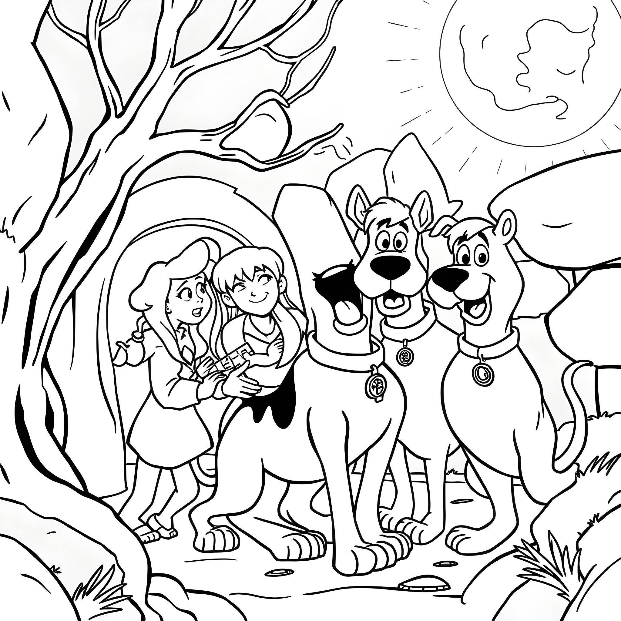 Scoobydoo and friends explore a spooky forest Coloring Page (free black-and-white line drawing printable PDF for all, from beginners to advanced learners, including children, teens, adults, and seniors)
