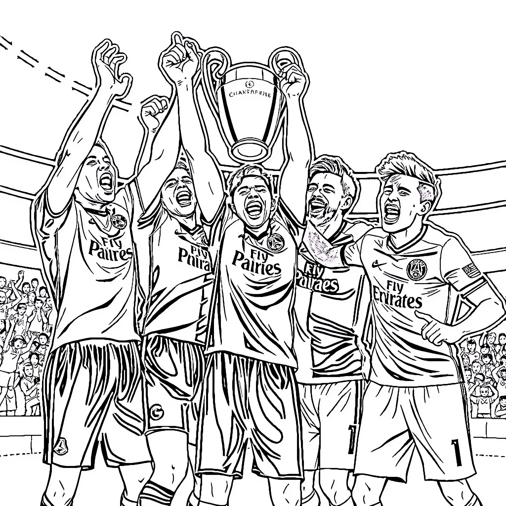 PSG Players Celebrating Champions League Trophy Coloring Page (free black-and-white line drawing printable PDF for all, from beginners to advanced learners, including children, teens, adults, and seniors)