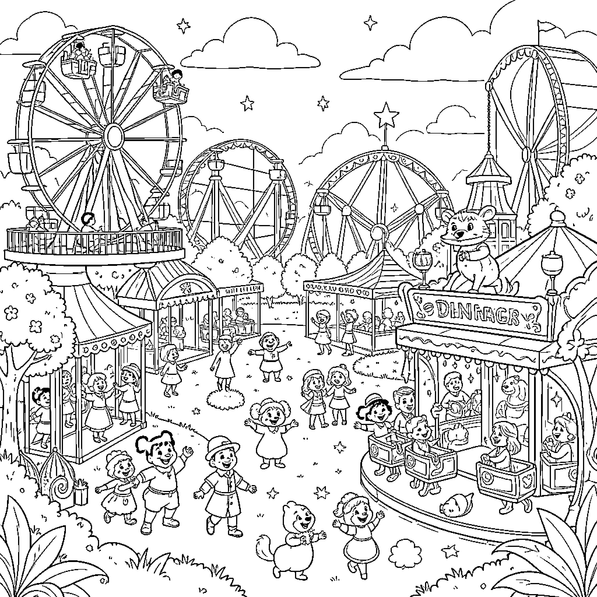 Disney characters enjoying various amusement park rides Coloring Page (free black-and-white line drawing printable PDF for all, from beginners to advanced learners, including children, teens, adults, and seniors)