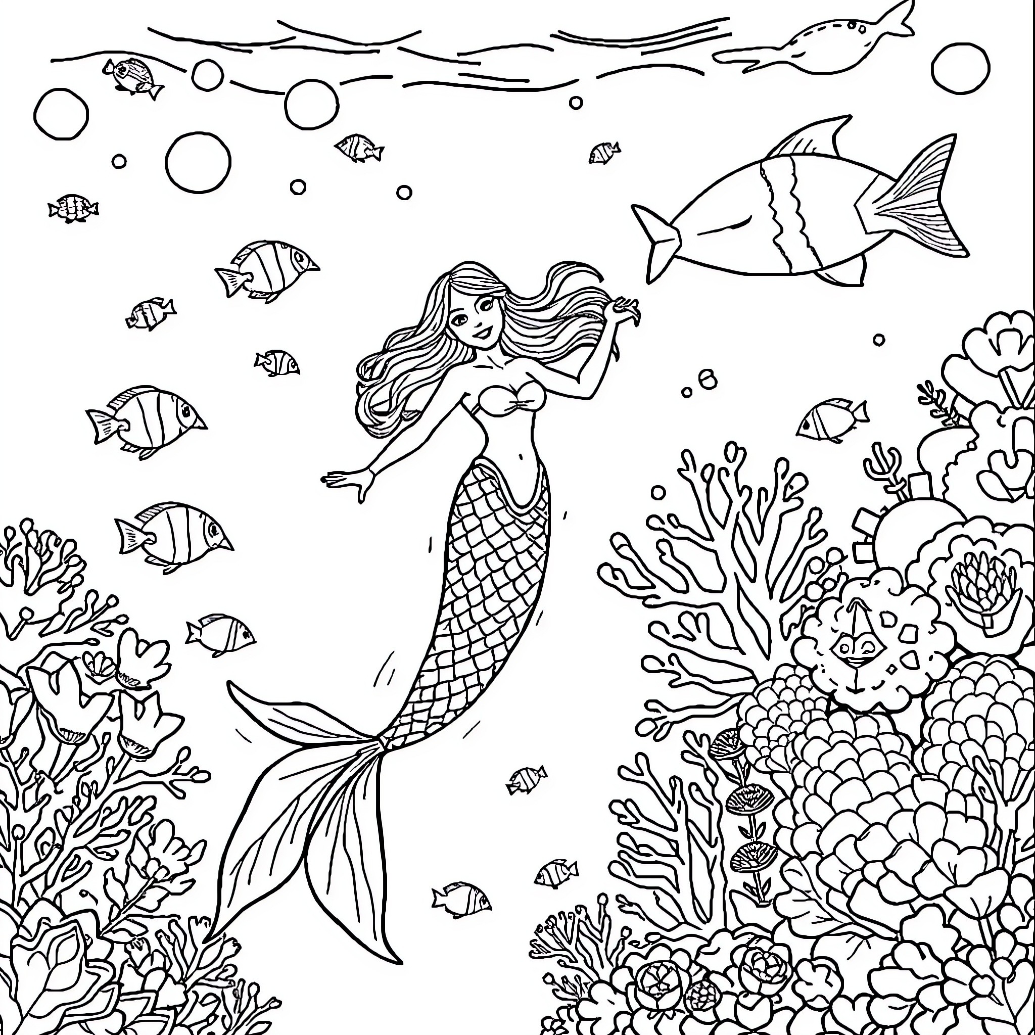 Mermaid exploring the enchanting underwater world Coloring Page (free black-and-white line drawing printable PDF for all, from beginners to advanced learners, including children, teens, adults, and seniors)