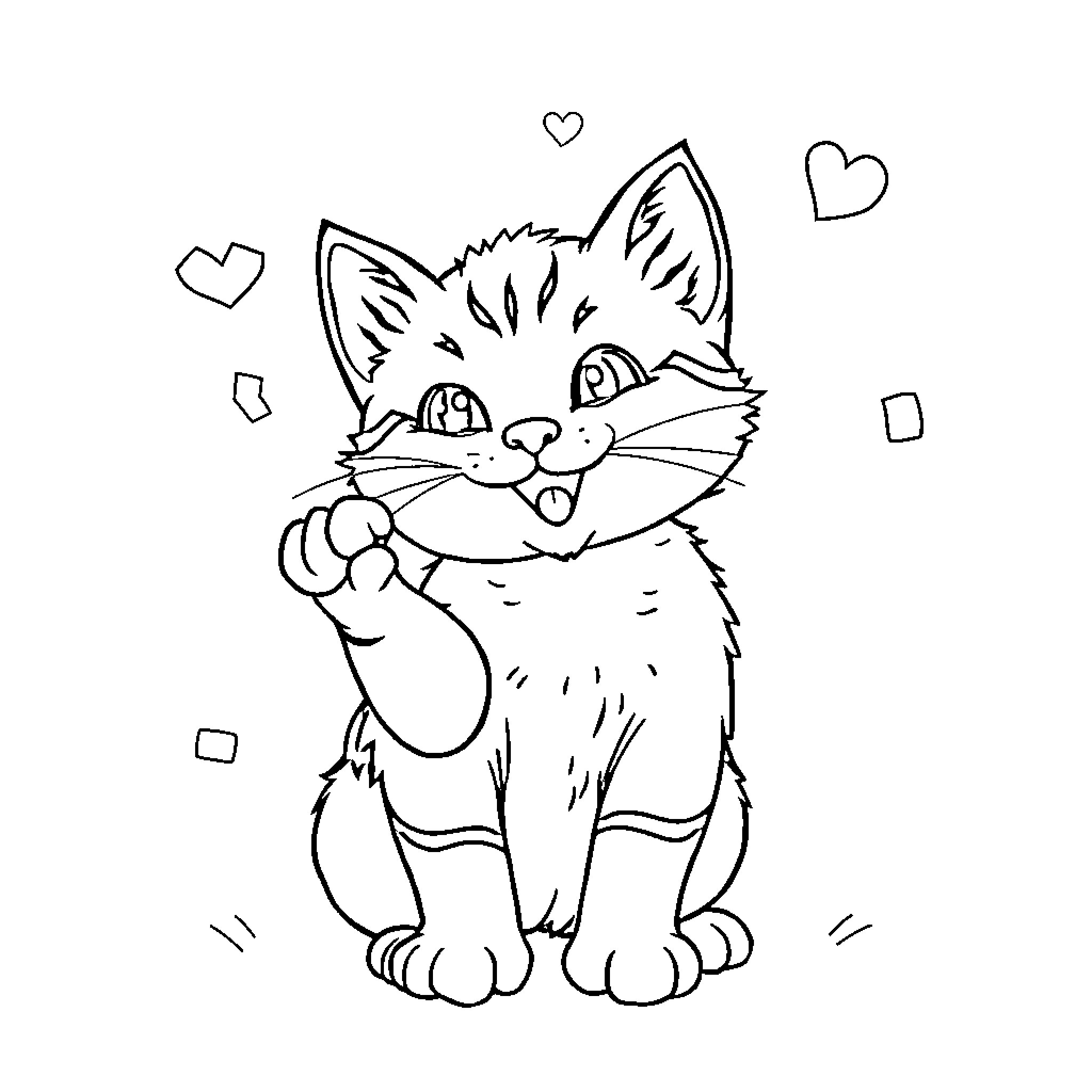 Kitten surrounded by hearts Coloring Page (free black-and-white line drawing printable PDF for all, from beginners to advanced learners, including children, teens, adults, and seniors)