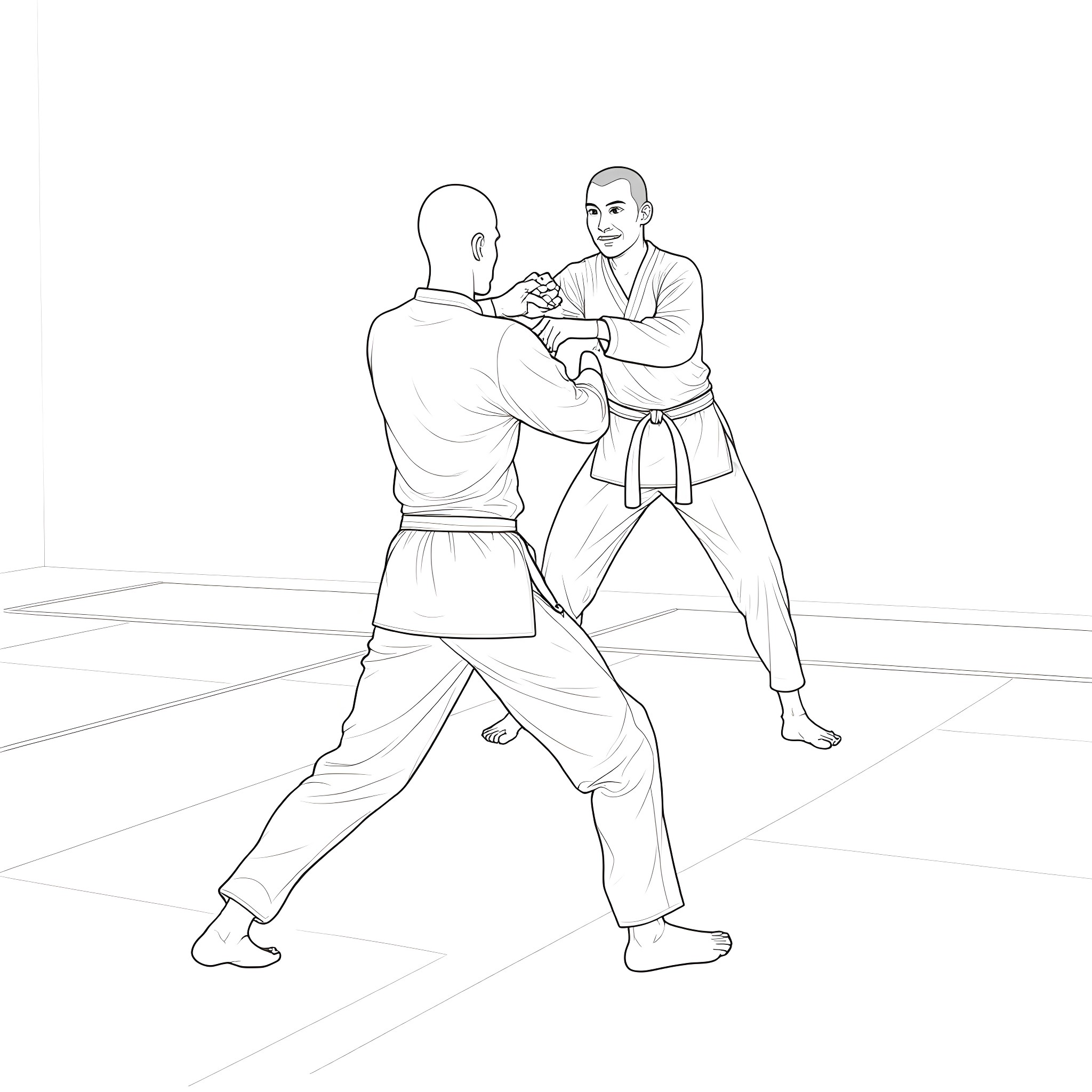 Kuromi practicing martial arts techniques with partner Coloring Page (free black-and-white line drawing printable PDF for all, from beginners to advanced learners, including children, teens, adults, and seniors)