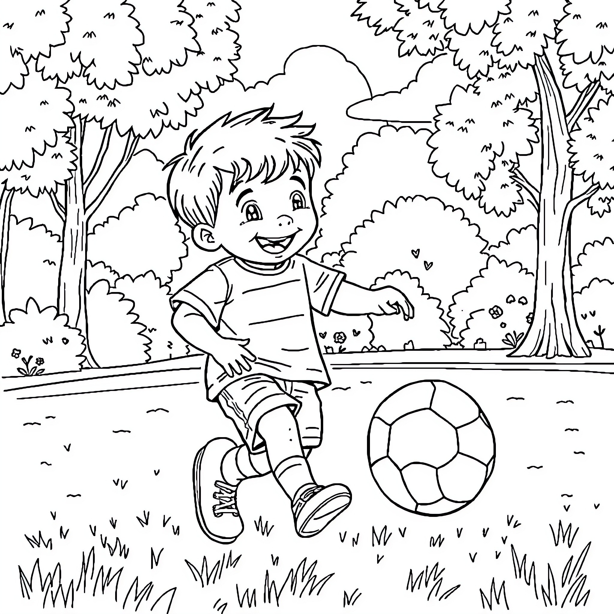 Boy Playing with Soccer Ball in Forest Coloring Page (free black-and-white line drawing printable PDF for all, from beginners to advanced learners, including children, teens, adults, and seniors)