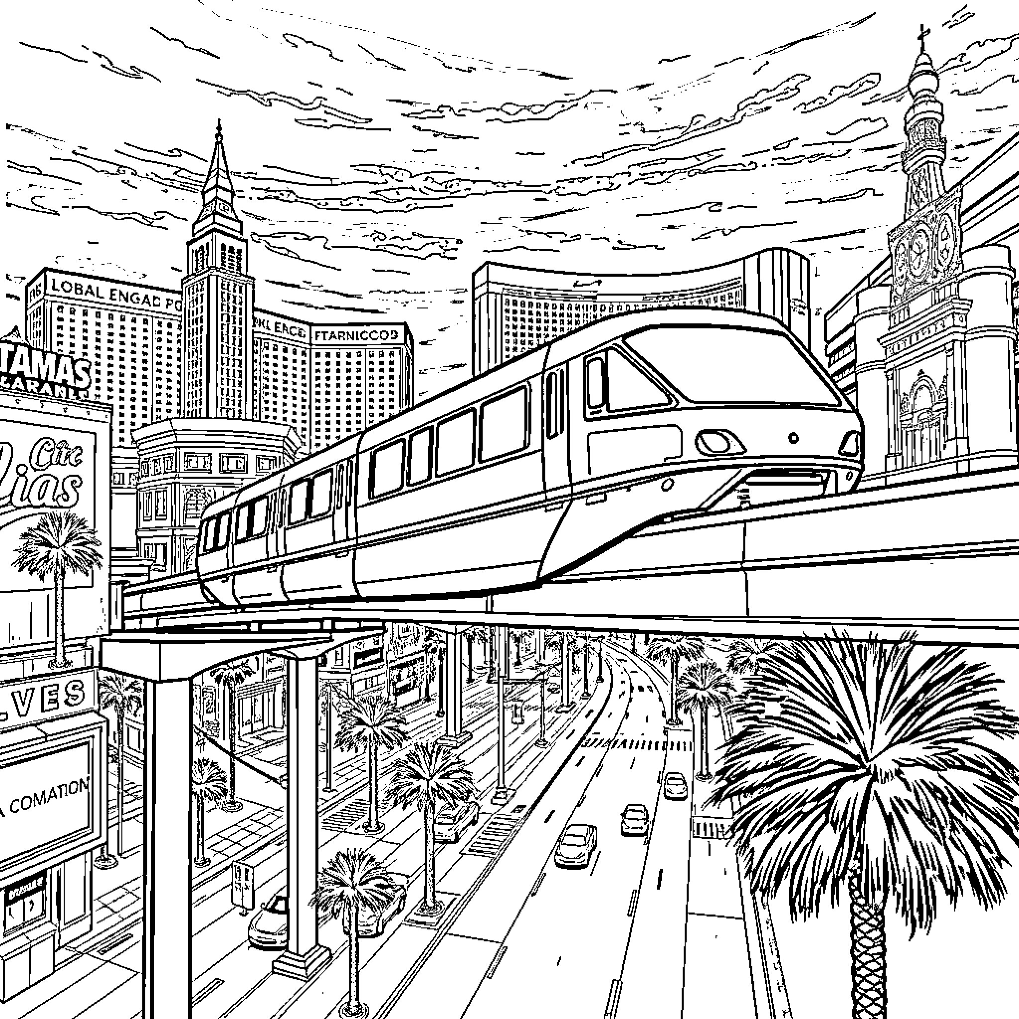 Monorail transporting passengers through vibrant cityscape Coloring Page (free black-and-white line drawing printable PDF for all, from beginners to advanced learners, including children, teens, adults, and seniors)
