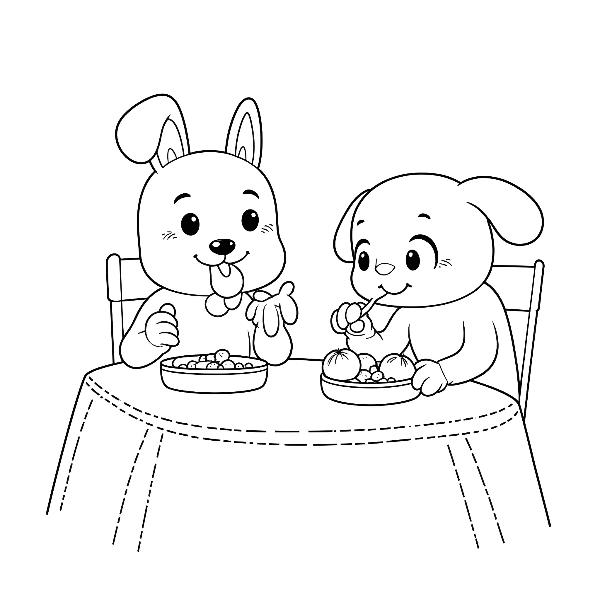 Bluey and friends enjoying a snack together Coloring Page (free black-and-white line drawing printable PDF for all, from beginners to advanced learners, including children, teens, adults, and seniors)