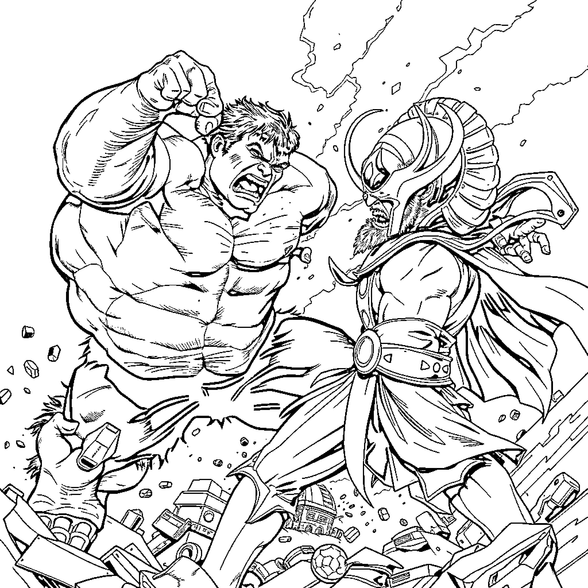 Hulk battling a monstrous foe in a destructive showdown Coloring Page (free black-and-white line drawing printable PDF for all, from beginners to advanced learners, including children, teens, adults, and seniors)
