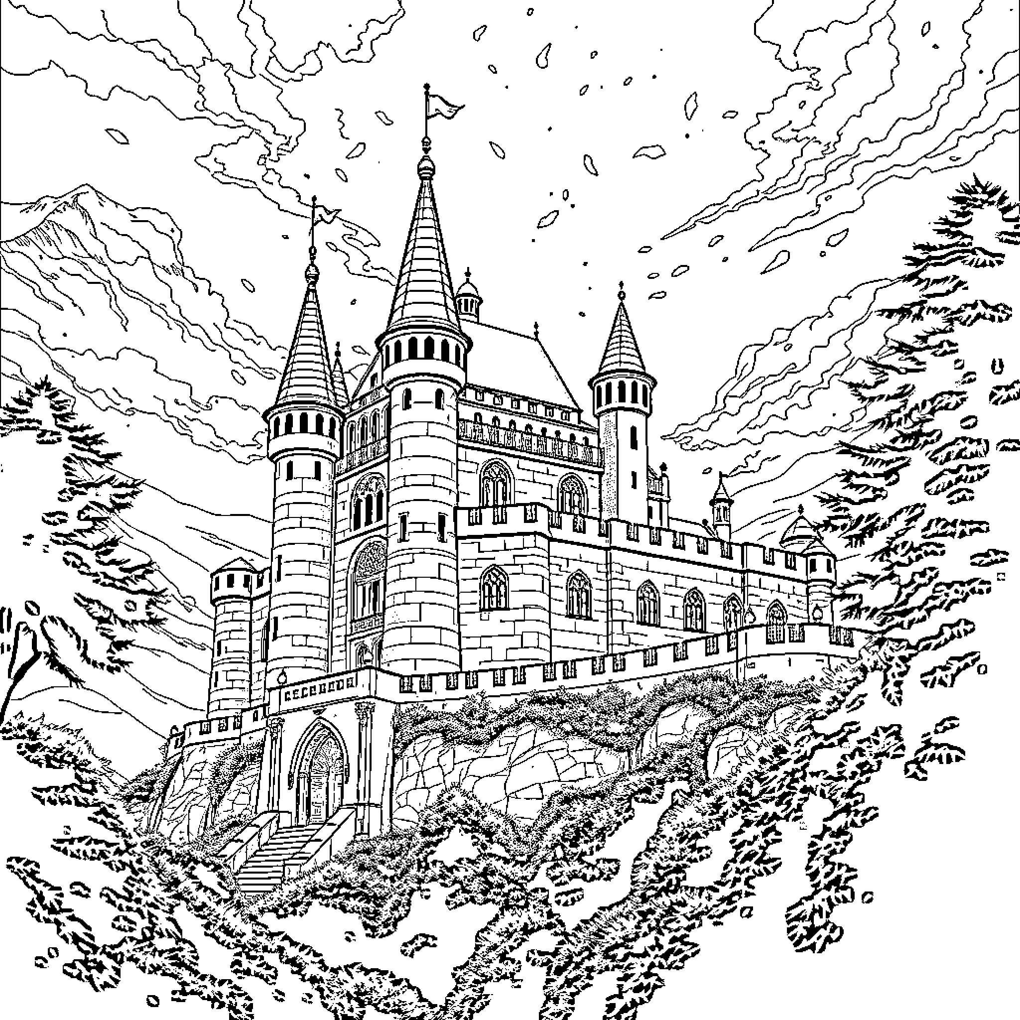 Cinderella's Enchanted Castle Amidst the Clouds Coloring Page (free black-and-white line drawing printable PDF for all, from beginners to advanced learners, including children, teens, adults, and seniors)