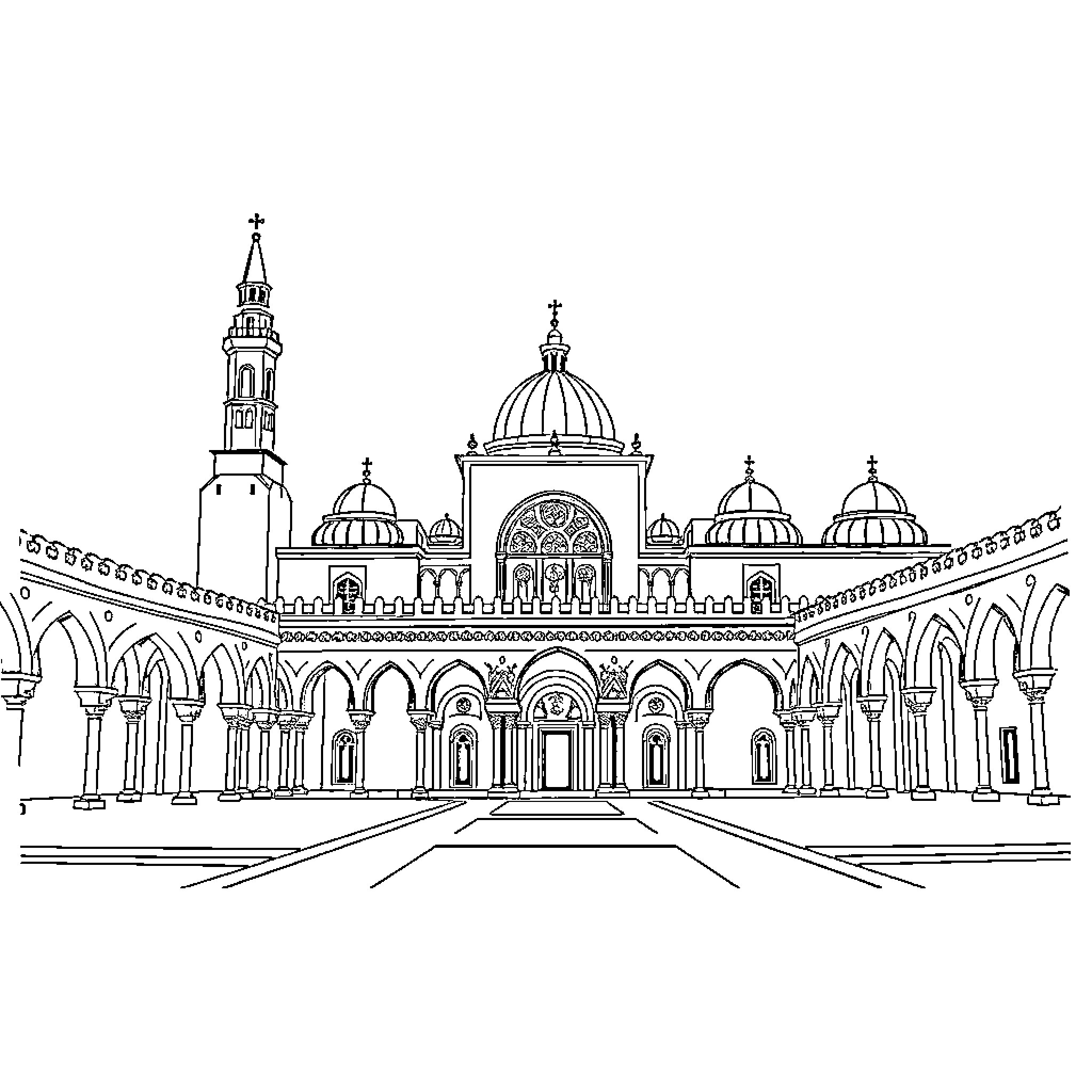 Mosque with Ornate Architecture and Domes Coloring Page (free black-and-white line drawing printable PDF for all, from beginners to advanced learners, including children, teens, adults, and seniors)