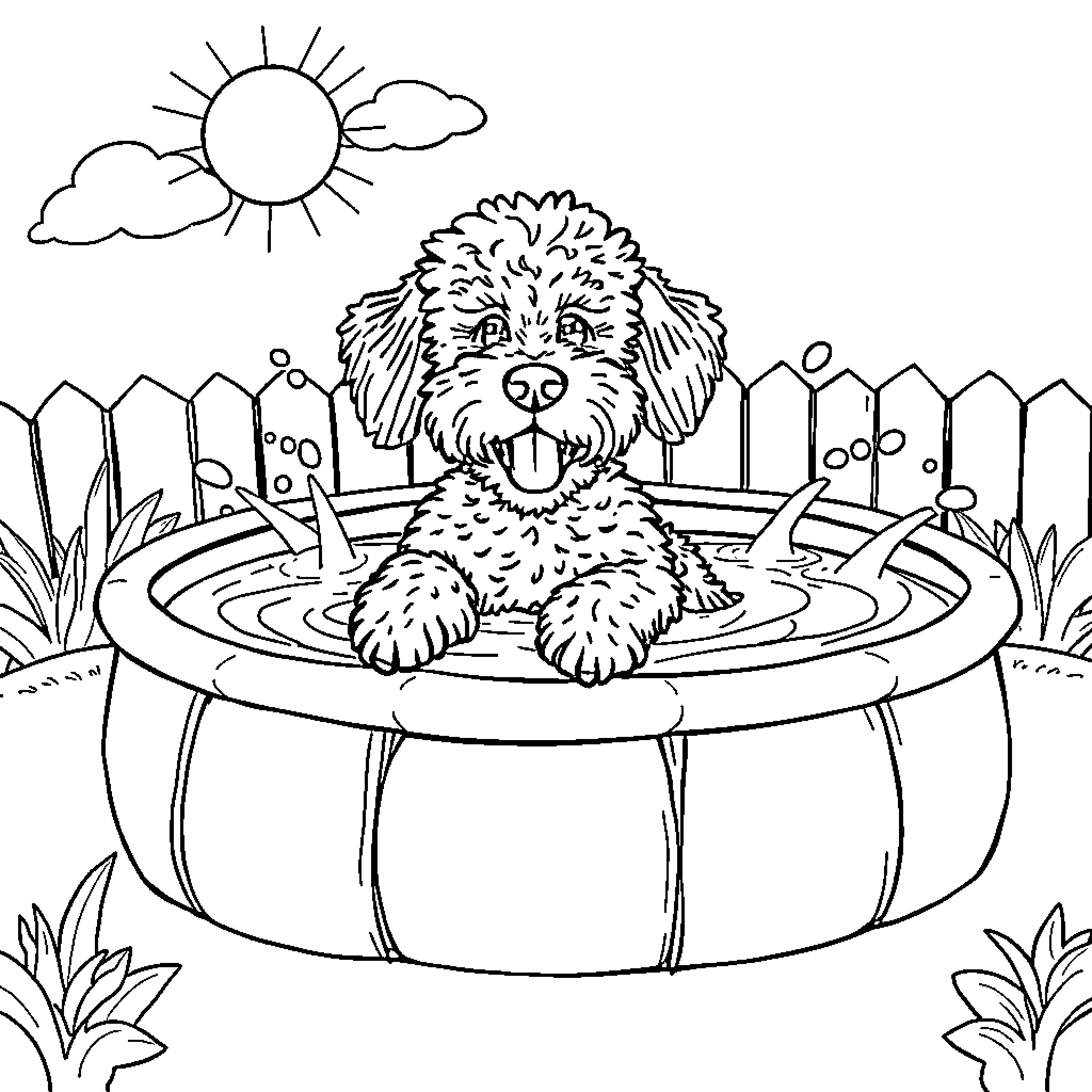 Irish Doodle enjoying a refreshing pool day Coloring Page (free black-and-white line drawing printable PDF for all, from beginners to advanced learners, including children, teens, adults, and seniors)