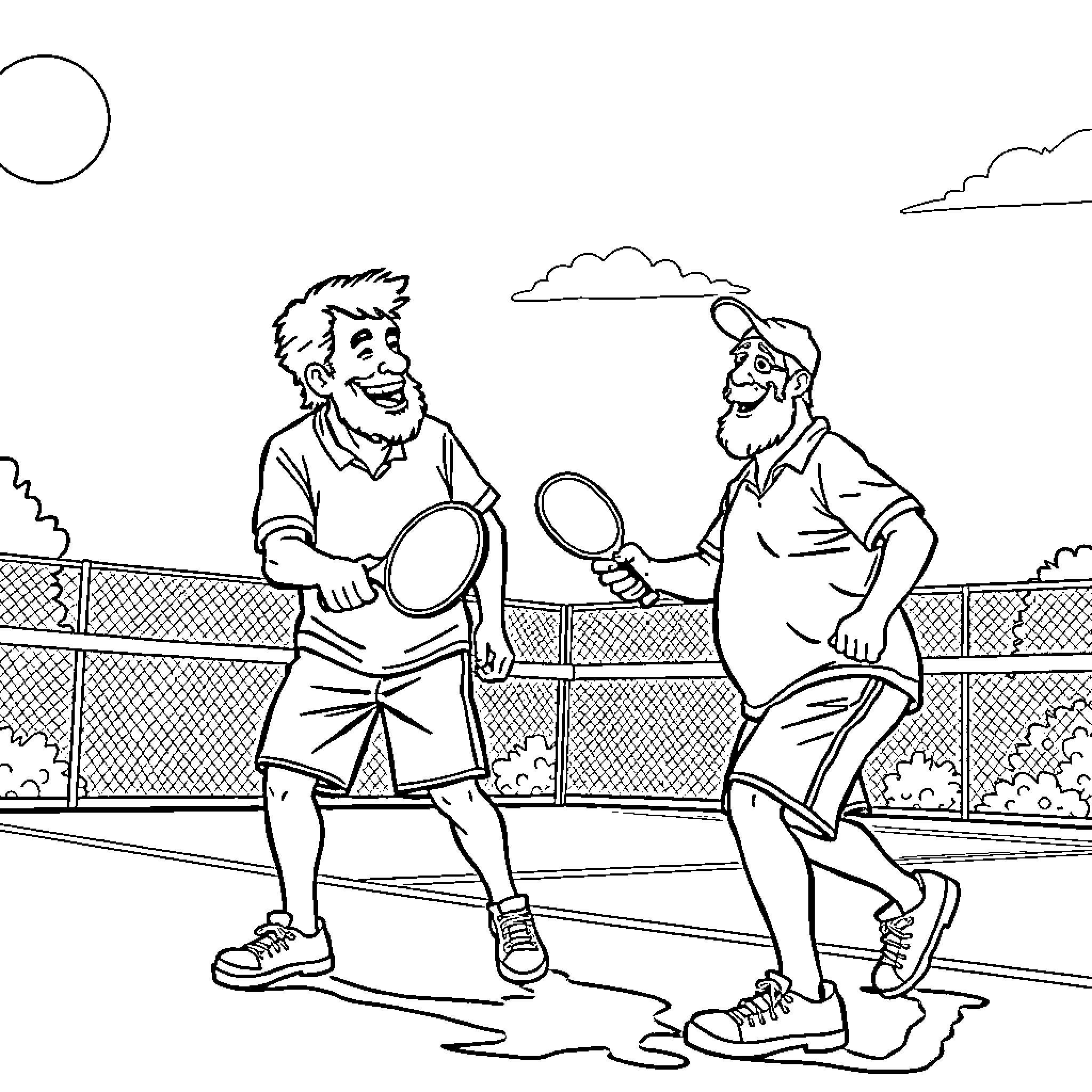 Bobby Boucher playing tennis with friend on court Coloring Page (free black-and-white line drawing printable PDF for all, from beginners to advanced learners, including children, teens, adults, and seniors)