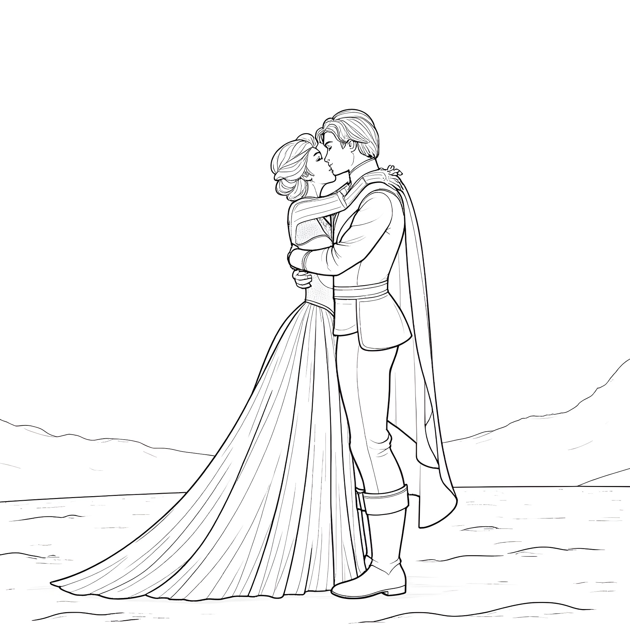 Elsa's romantic embrace with her prince Coloring Page (free black-and-white line drawing printable PDF for all, from beginners to advanced learners, including children, teens, adults, and seniors)