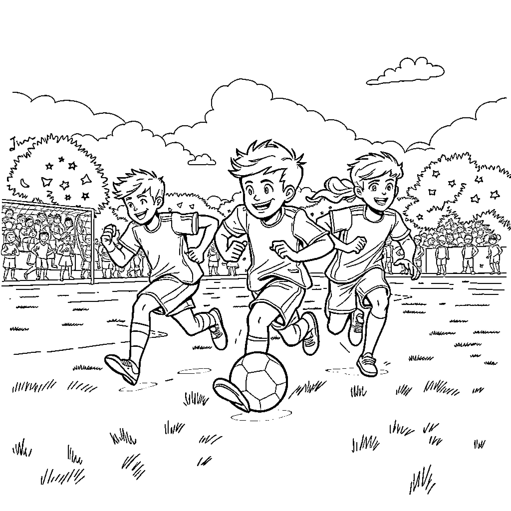 Chase of the soccer players on the field Coloring Page (free black-and-white line drawing printable PDF for all, from beginners to advanced learners, including children, teens, adults, and seniors)