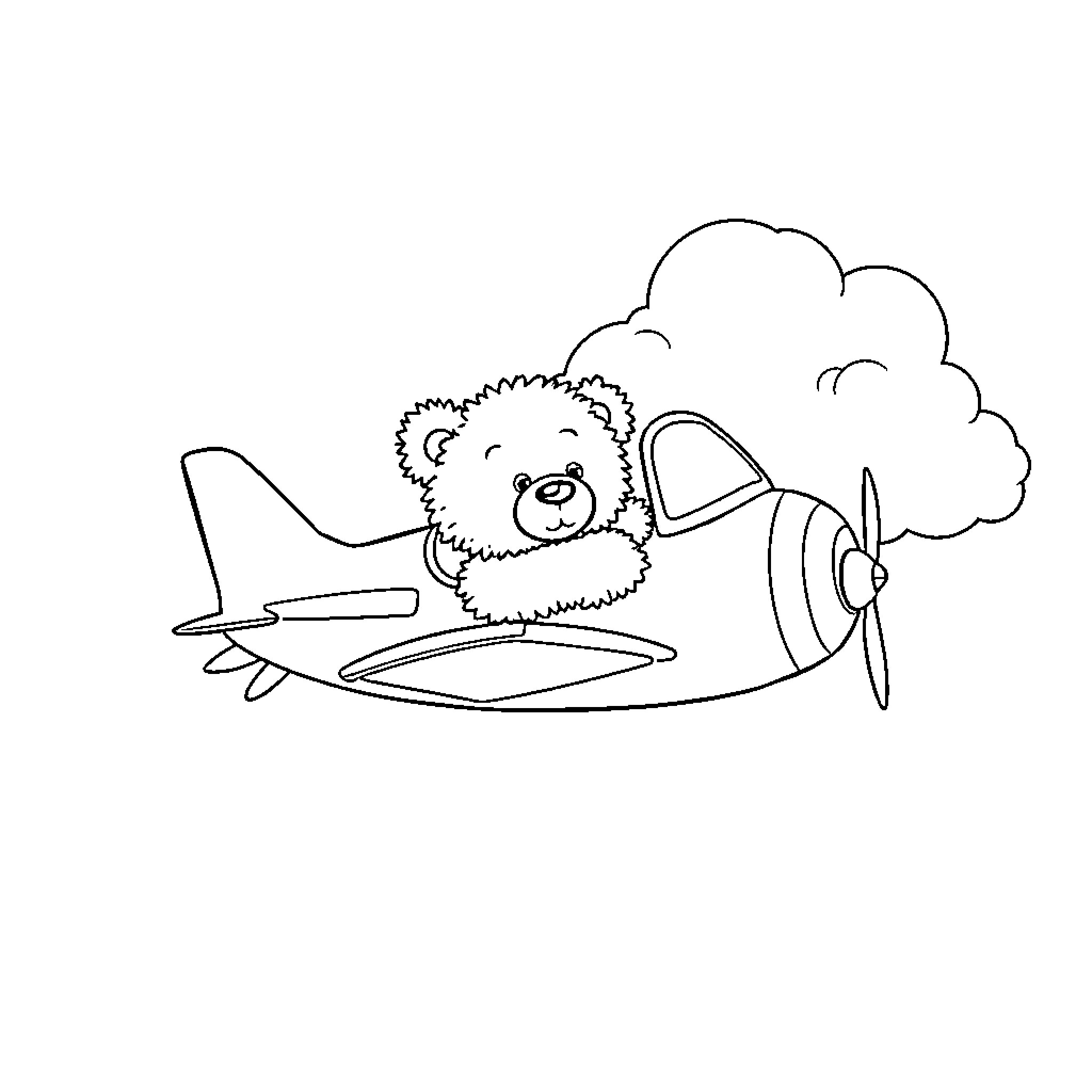 Teddy Bear flying a colorful airplane Coloring Page (free black-and-white line drawing printable PDF for all, from beginners to advanced learners, including children, teens, adults, and seniors)