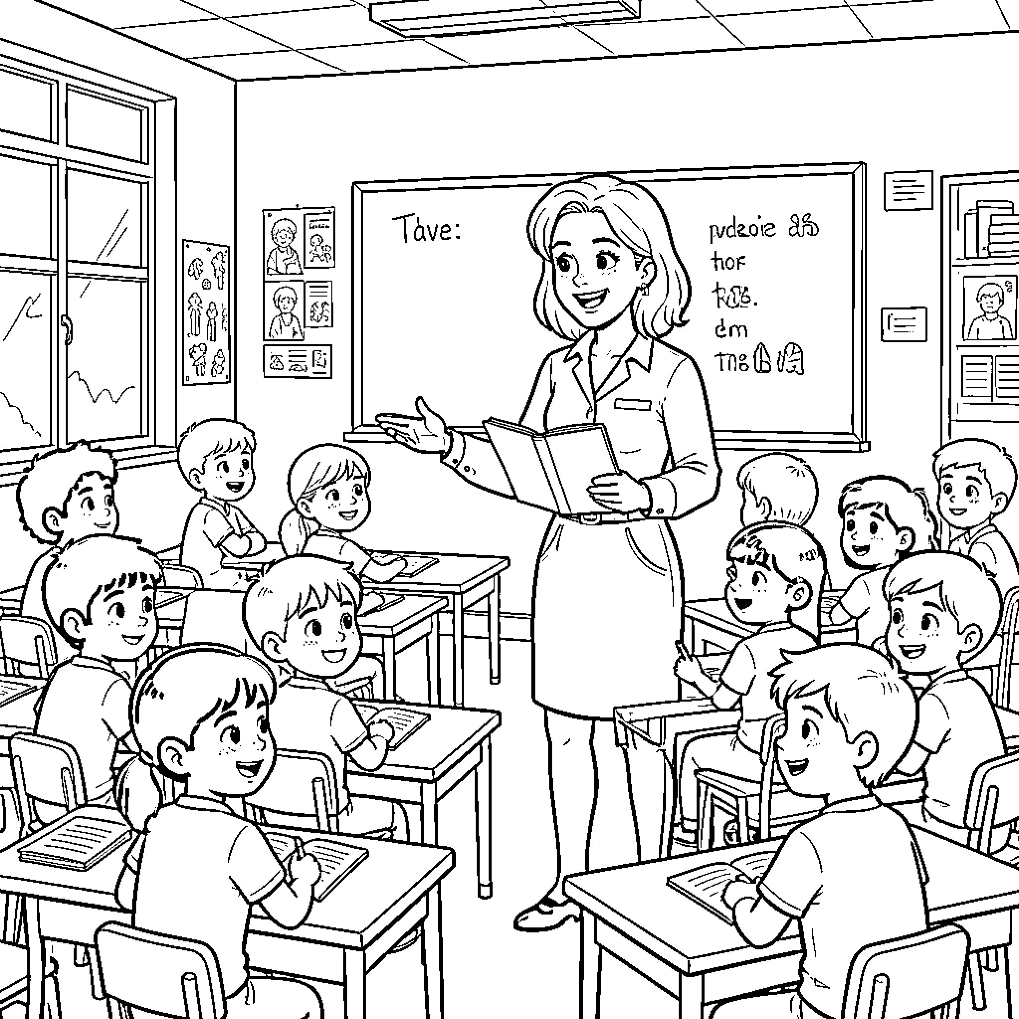 Teacher reading a book to students in a classroom Coloring Page (free black-and-white line drawing printable PDF for all, from beginners to advanced learners, including children, teens, adults, and seniors)