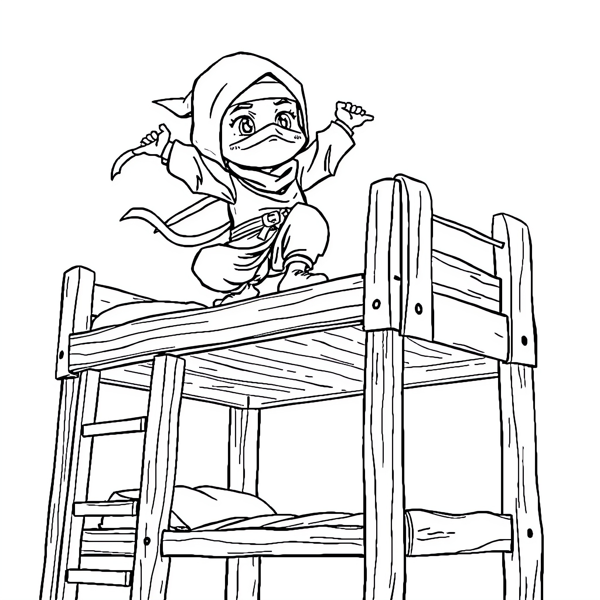 Ninja Warrior Climbing Bunk Bed Coloring Page (free black-and-white line drawing printable PDF for all, from beginners to advanced learners, including children, teens, adults, and seniors)