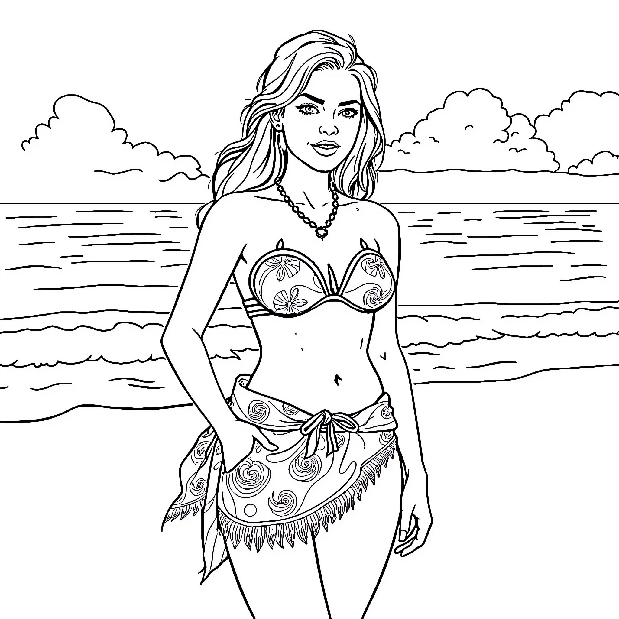 Lady in Beachwear Enjoying the Scenic Coastline Coloring Page (free black-and-white line drawing printable PDF for all, from beginners to advanced learners, including children, teens, adults, and seniors)
