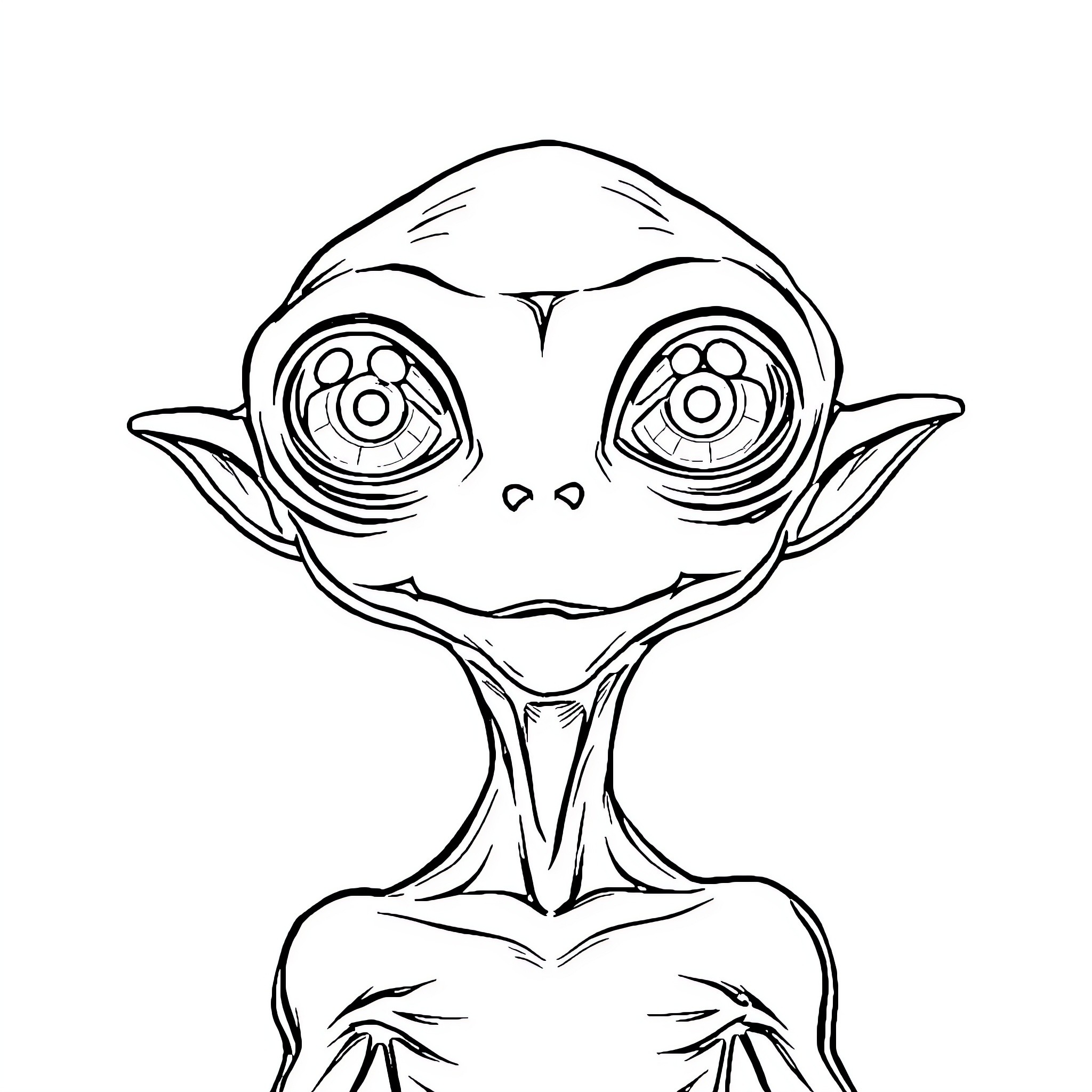 Alien creature with curious expression Coloring Page (free black-and-white line drawing printable PDF for all, from beginners to advanced learners, including children, teens, adults, and seniors)