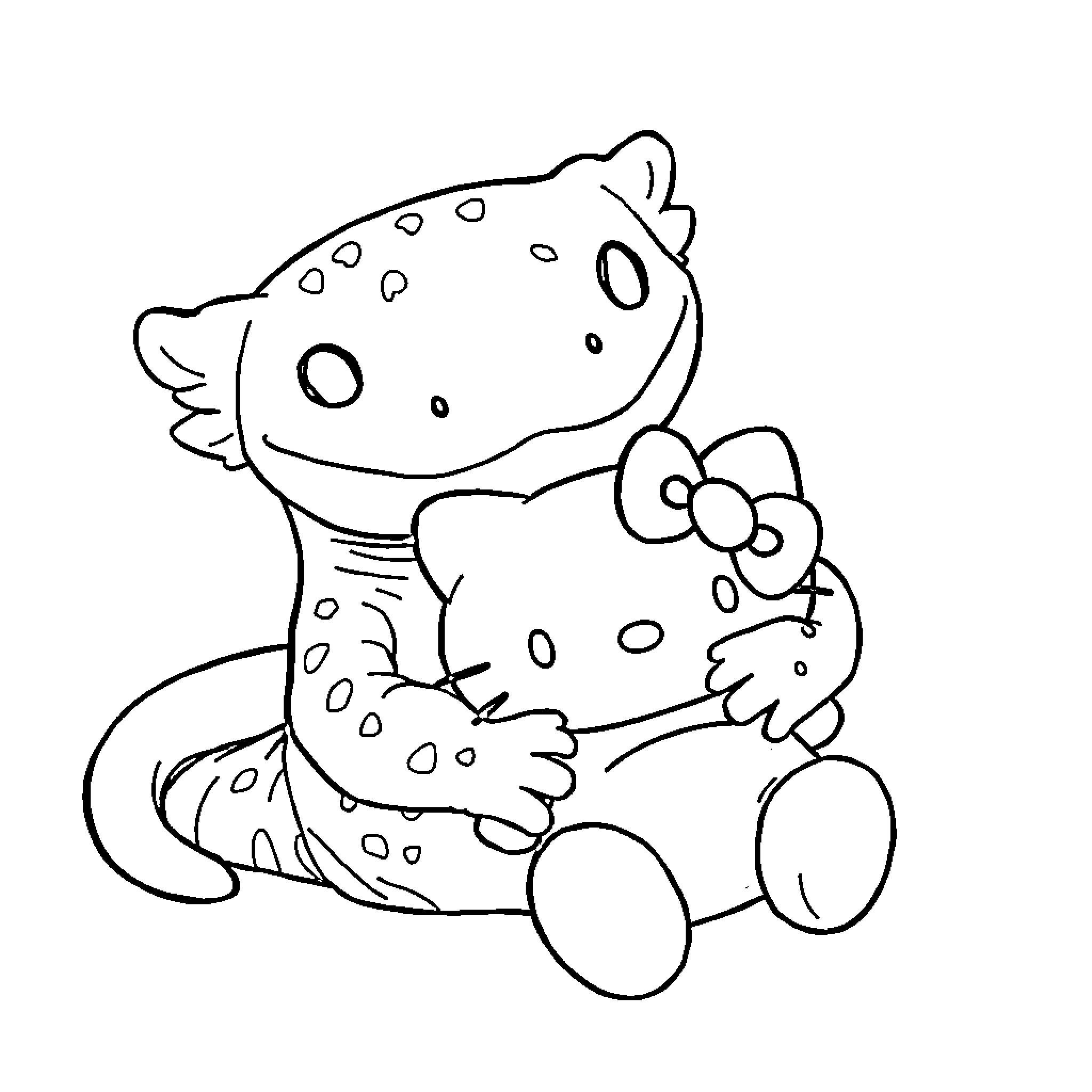 Axolotl cuddling a stuffed toy Coloring Page (free black-and-white line drawing printable PDF for all, from beginners to advanced learners, including children, teens, adults, and seniors)
