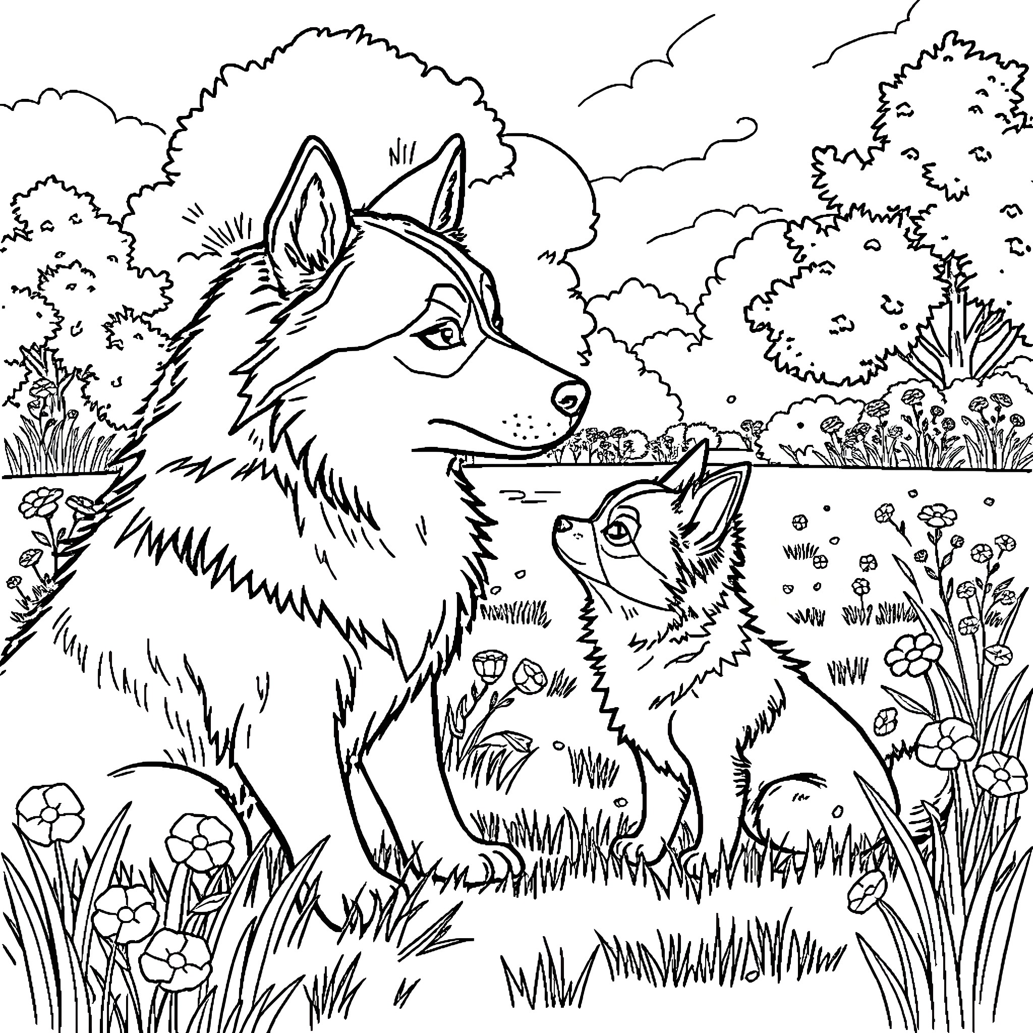 Dog and puppies exploring the forest Coloring Page (free black-and-white line drawing printable PDF for all, from beginners to advanced learners, including children, teens, adults, and seniors)