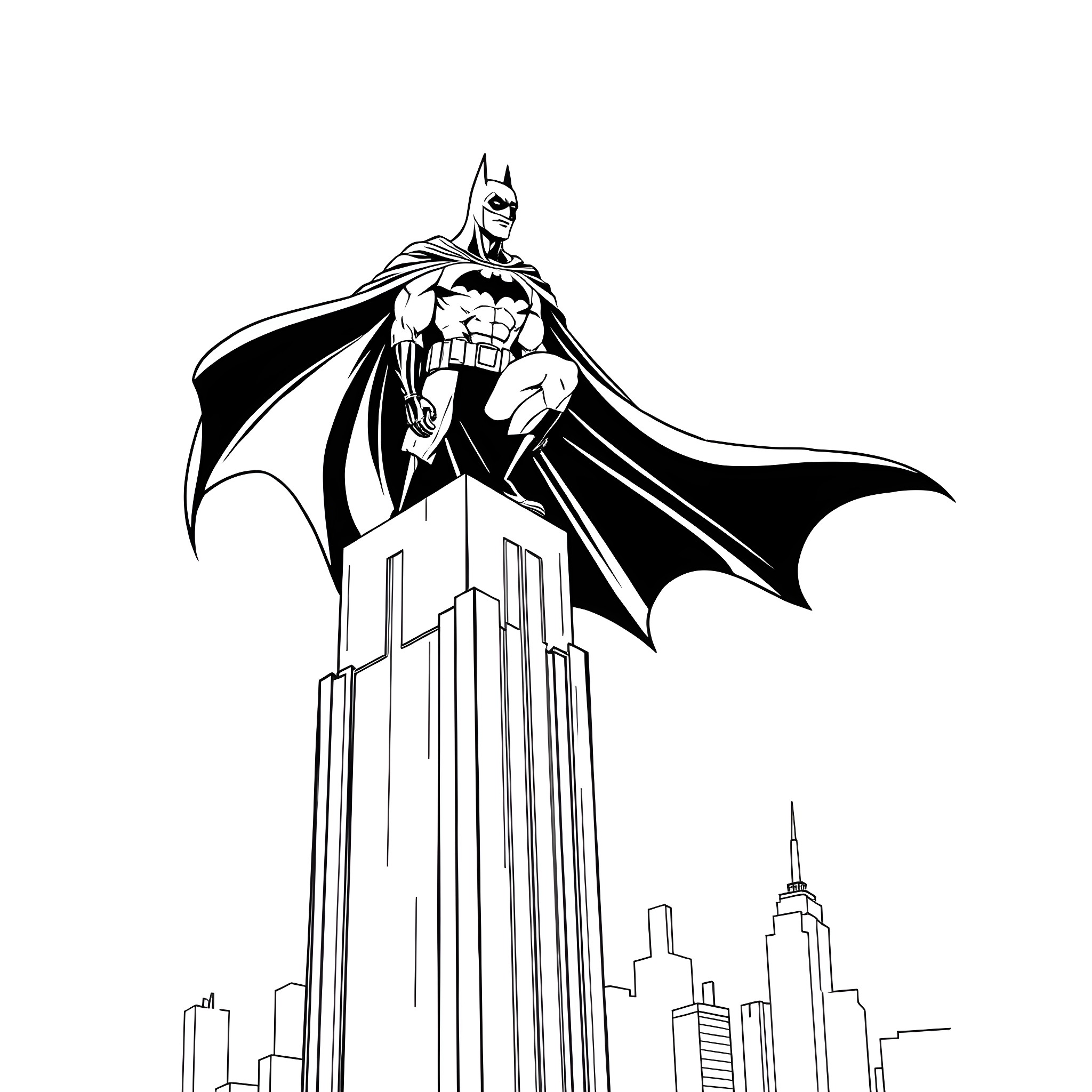 Batman standing tall above the city skyline Coloring Page (free black-and-white line drawing printable PDF for all, from beginners to advanced learners, including children, teens, adults, and seniors)