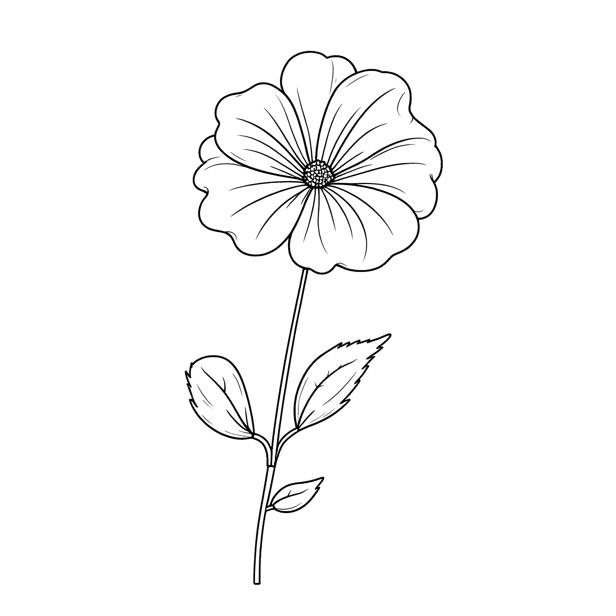 Petunia flower with leaves Coloring Page (free black-and-white line drawing printable PDF for all, from beginners to advanced learners, including children, teens, adults, and seniors)