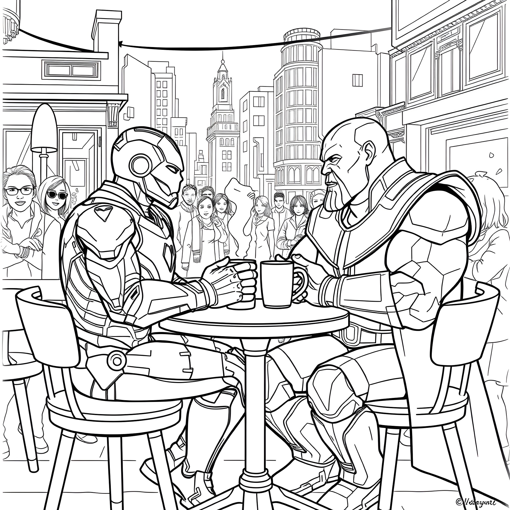 Iron Man enjoying coffee with a fellow hero in a bustling city Coloring Page (free black-and-white line drawing printable PDF for all, from beginners to advanced learners, including children, teens, adults, and seniors)