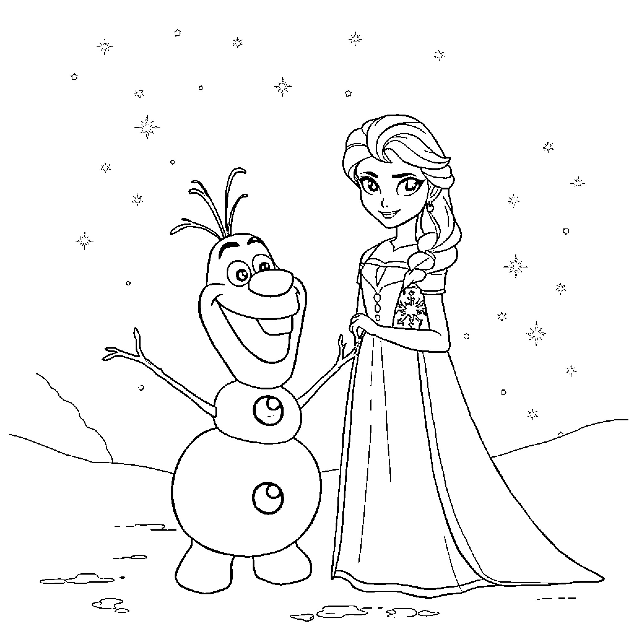 Olaf and Elsa playing in the snow Coloring Page (free black-and-white line drawing printable PDF for all, from beginners to advanced learners, including children, teens, adults, and seniors)
