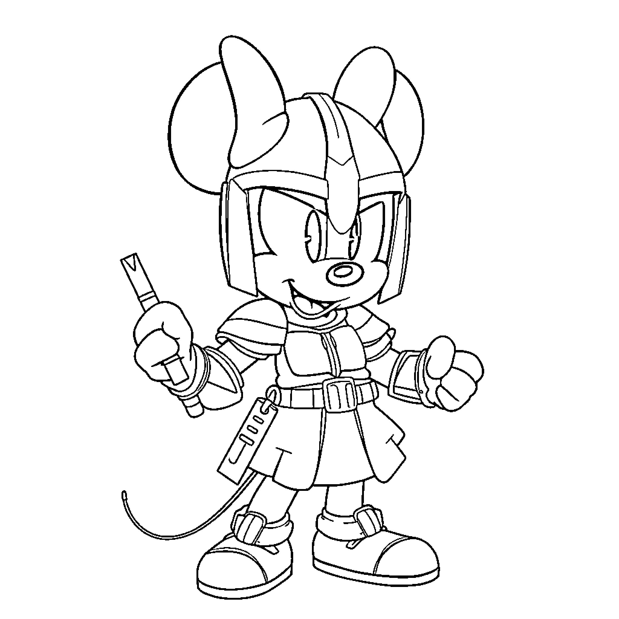 Minnie Mouse in Playful Adventurer Outfit Coloring Page (free black-and-white line drawing printable PDF for all, from beginners to advanced learners, including children, teens, adults, and seniors)