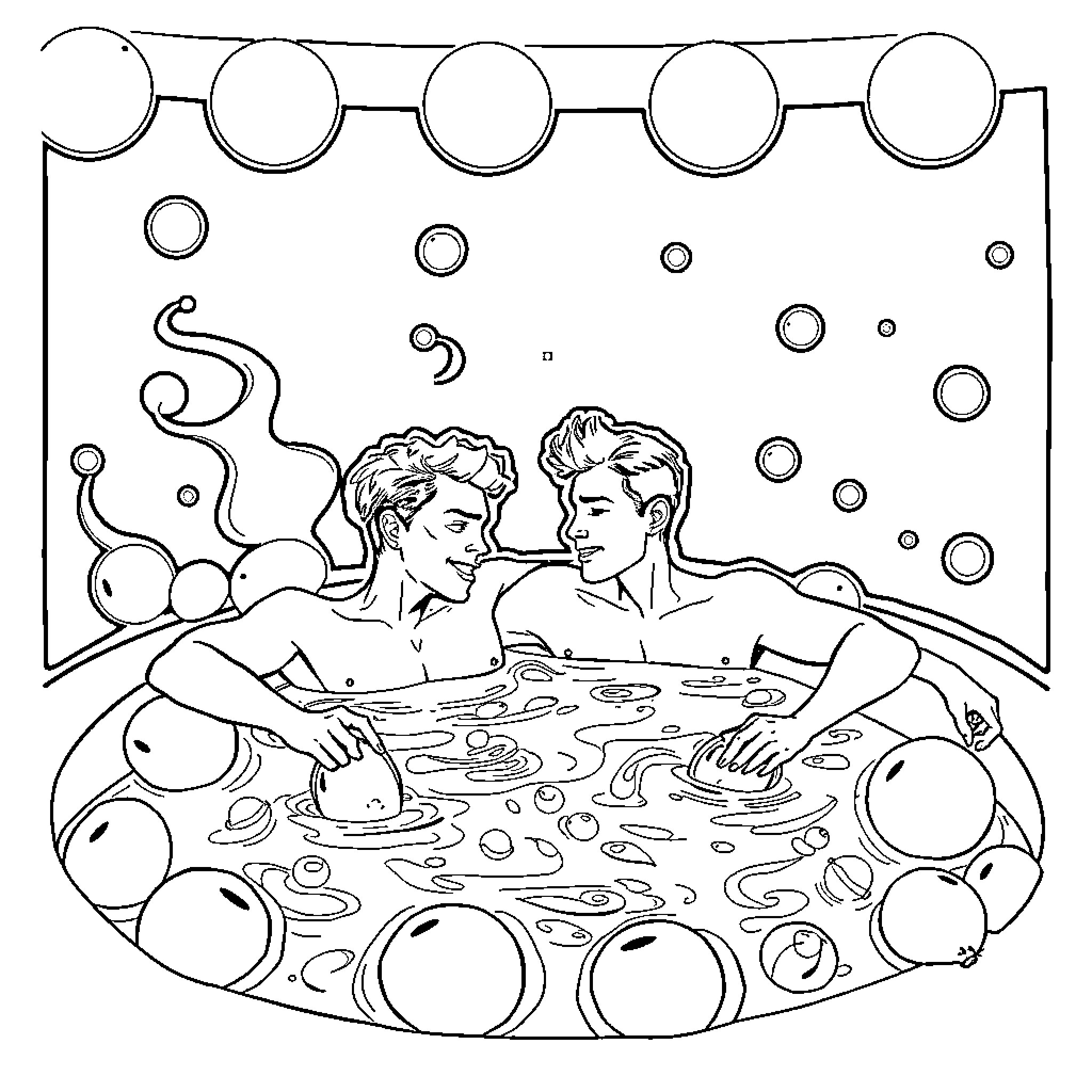 Jacuzzi fun with two men Coloring Page (free black-and-white line drawing printable PDF for all, from beginners to advanced learners, including children, teens, adults, and seniors)