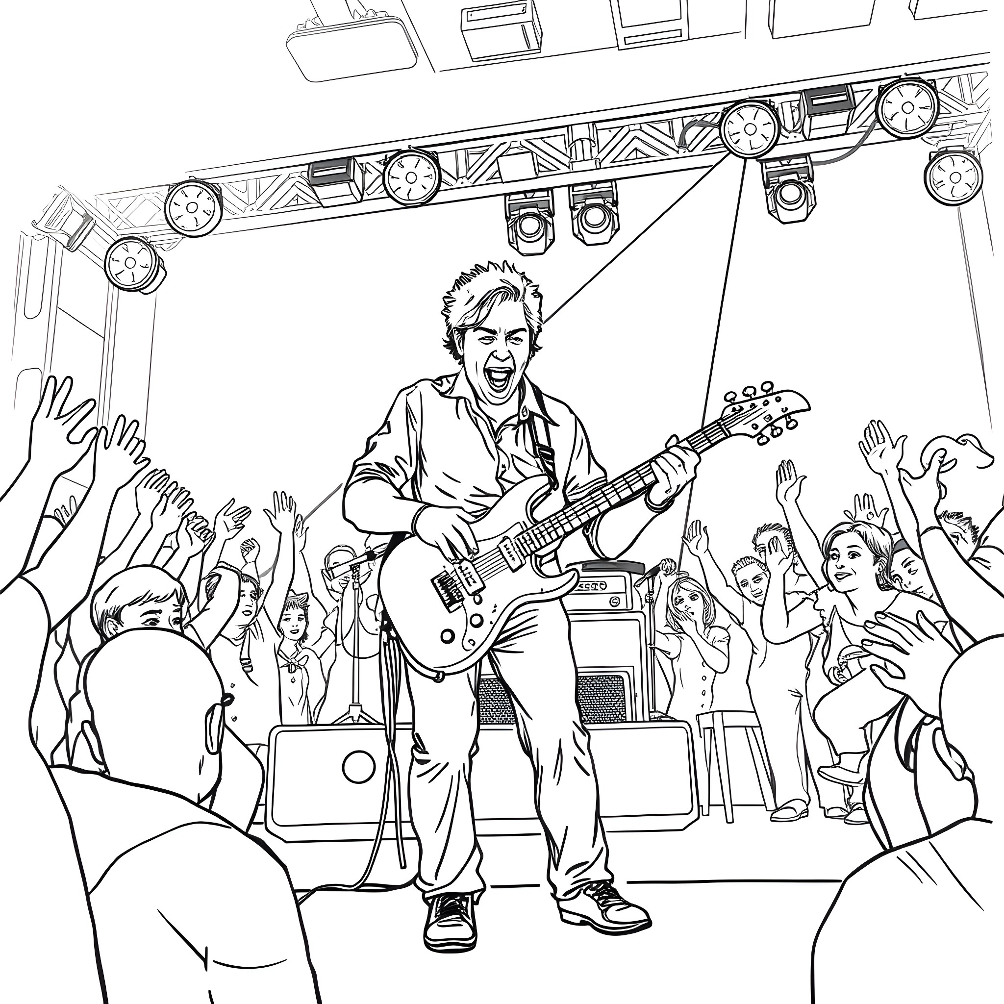 Wattie Buchan performing on stage with electric guitar Coloring Page (free black-and-white line drawing printable PDF for all, from beginners to advanced learners, including children, teens, adults, and seniors)