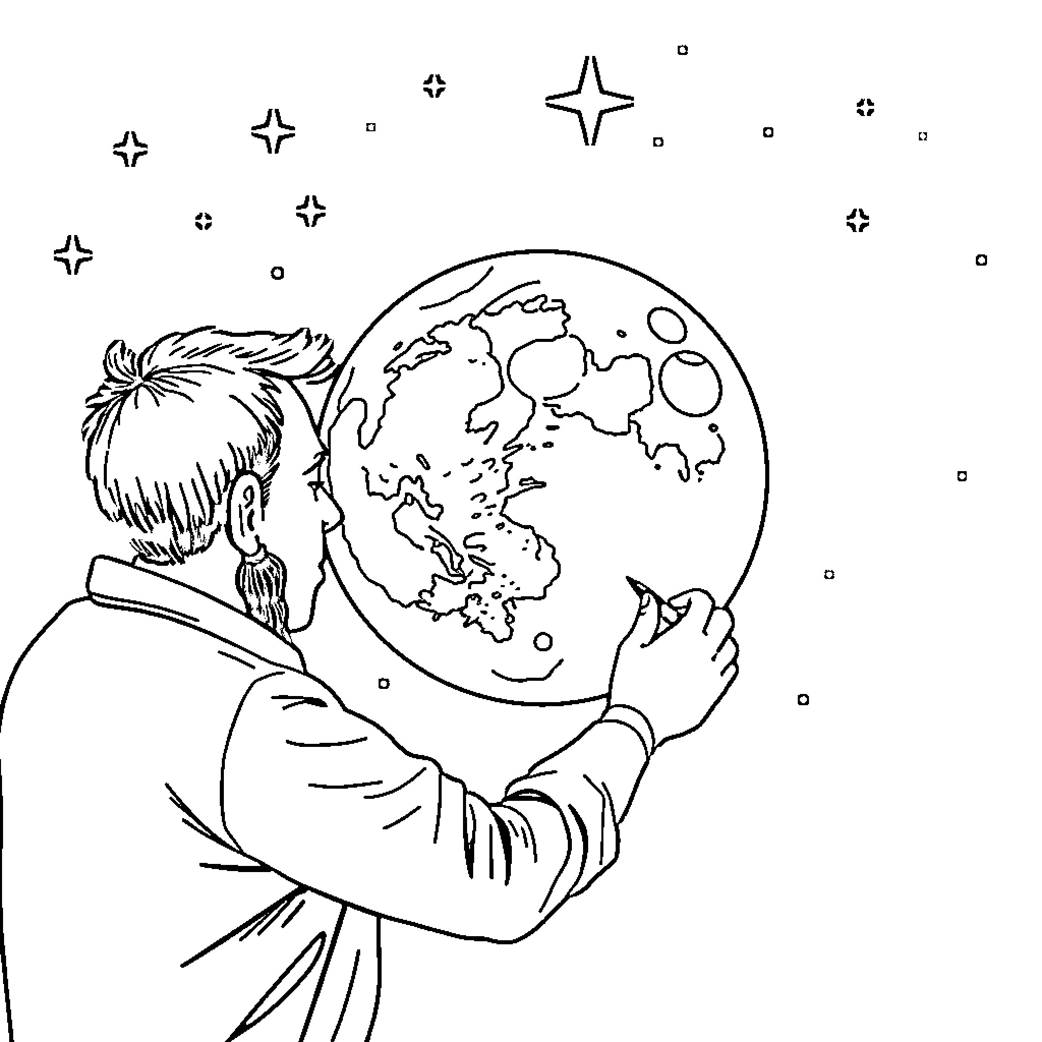Man examining the planet Earth with stars Coloring Page (free black-and-white line drawing printable PDF for all, from beginners to advanced learners, including children, teens, adults, and seniors)