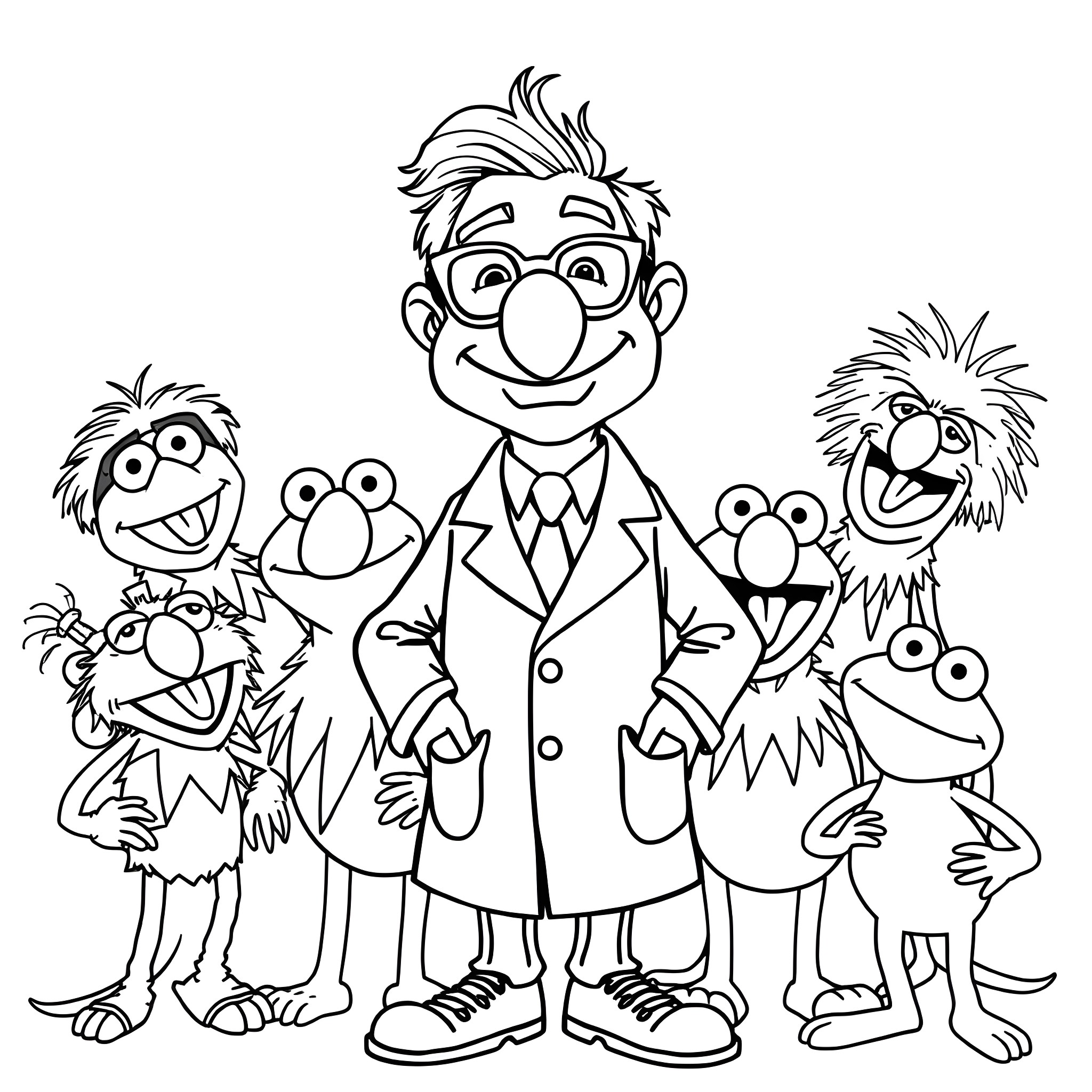 Dr. Phil guiding whimsical Muppet-like characters Coloring Page (free black-and-white line drawing printable PDF for all, from beginners to advanced learners, including children, teens, adults, and seniors)