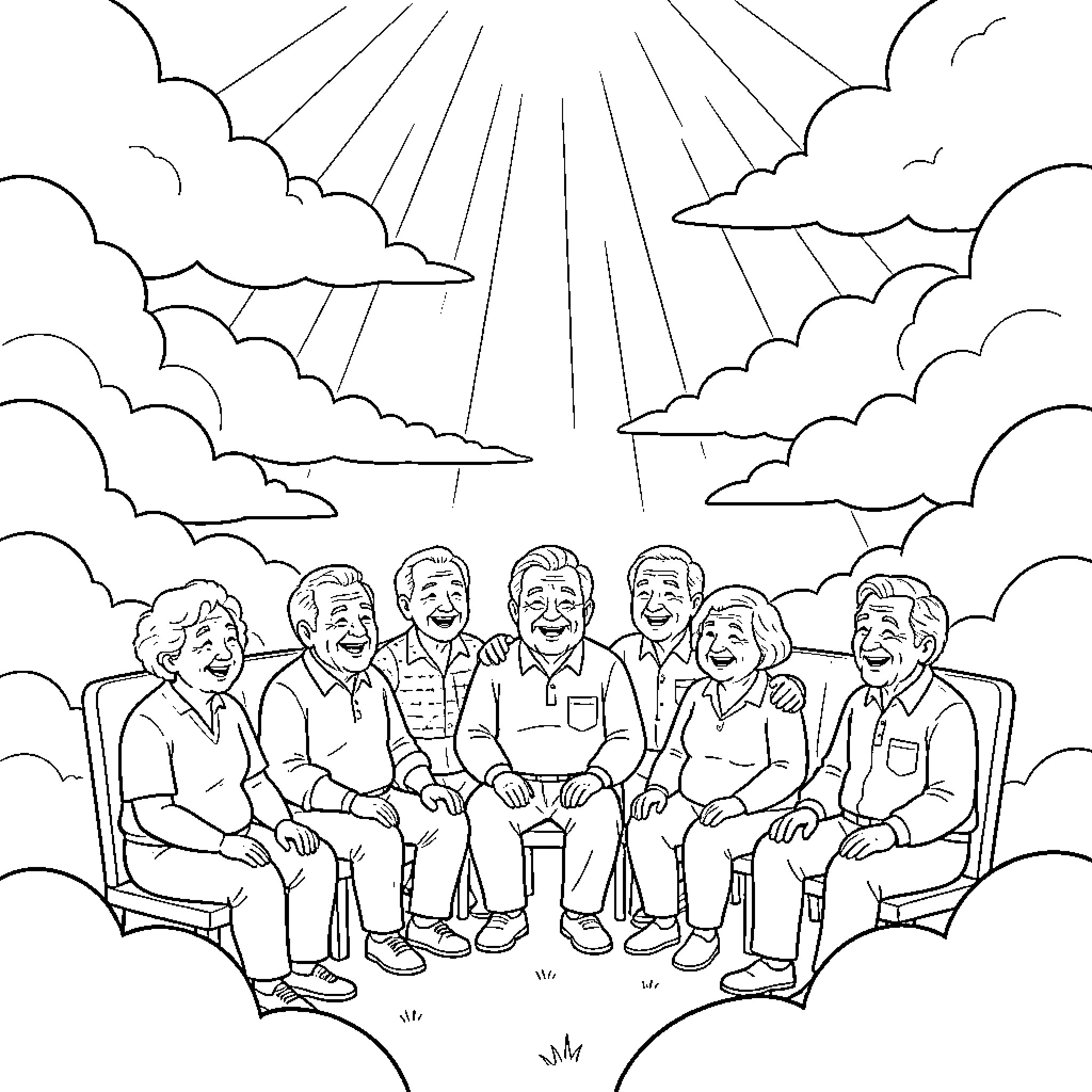 Old People Gathered Together under Sunlit Sky Coloring Page (free black-and-white line drawing printable PDF for all, from beginners to advanced learners, including children, teens, adults, and seniors)