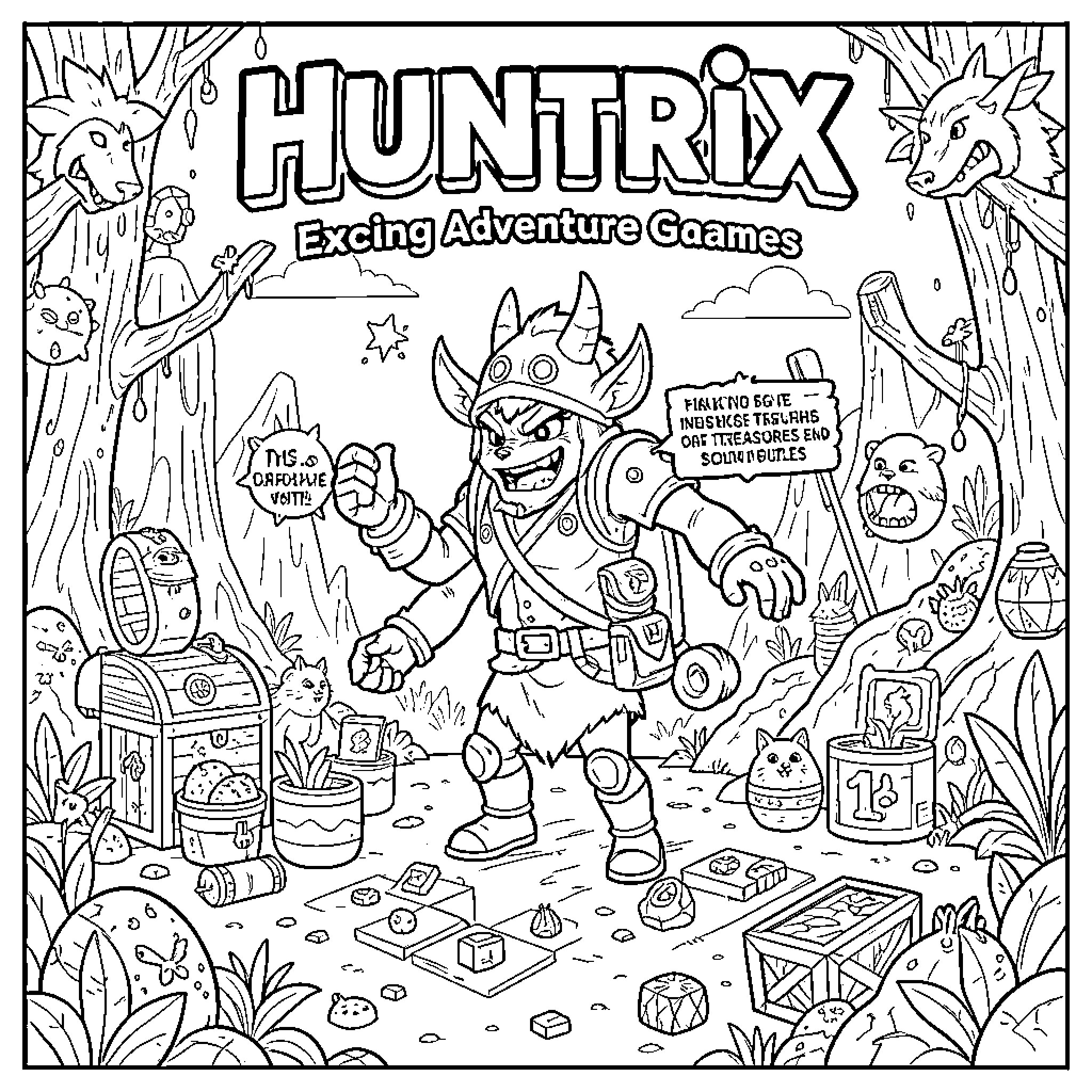 Huntrix warrior standing amidst forest treasure and dice Coloring Page (free black-and-white line drawing printable PDF for all, from beginners to advanced learners, including children, teens, adults, and seniors)