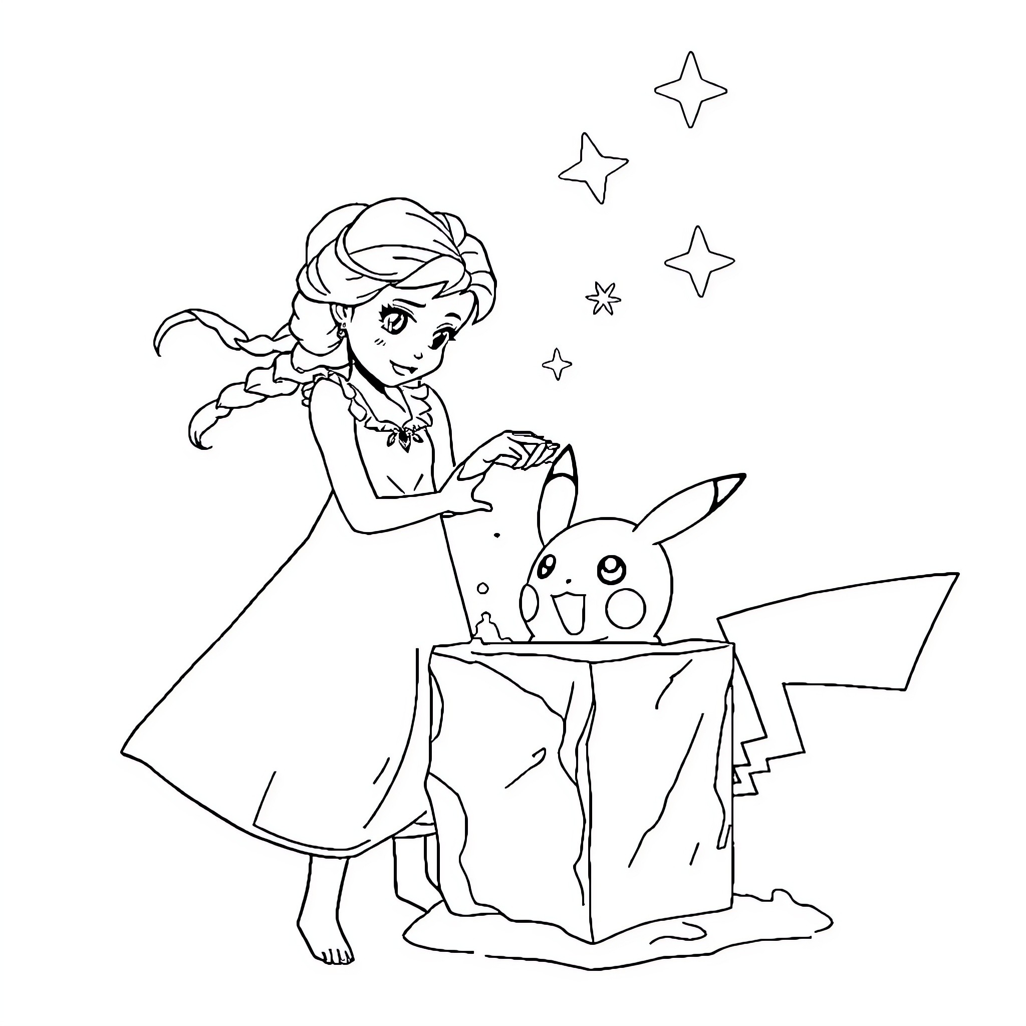 Frozen girl playing with magical rabbit Coloring Page (free black-and-white line drawing printable PDF for all, from beginners to advanced learners, including children, teens, adults, and seniors)