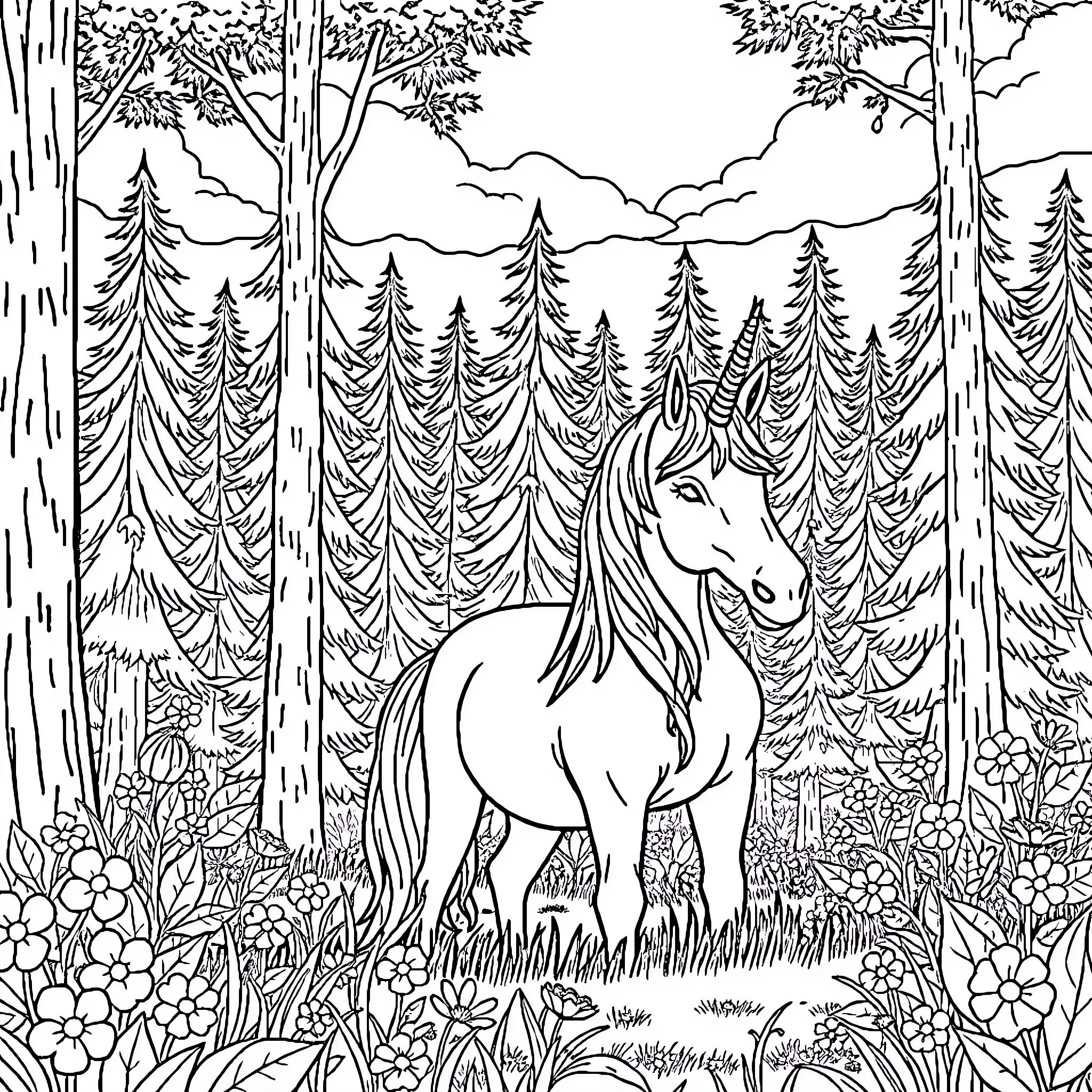 Unicorn in the enchanted forest Coloring Page (free black-and-white line drawing printable PDF for all, from beginners to advanced learners, including children, teens, adults, and seniors)
