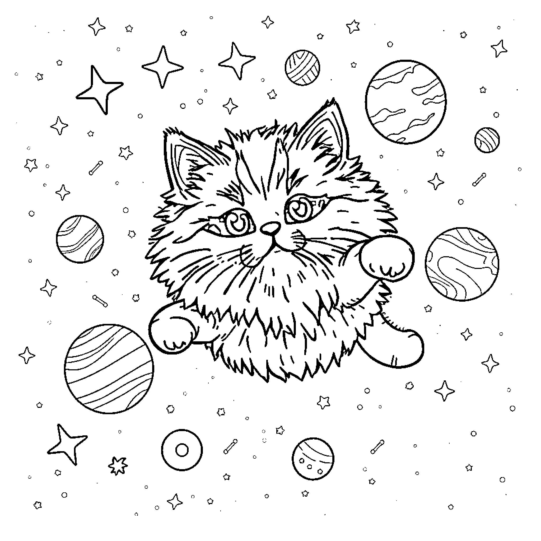 Cat in a cosmic scene with stars and planets Coloring Page (free black-and-white line drawing printable PDF for all, from beginners to advanced learners, including children, teens, adults, and seniors)