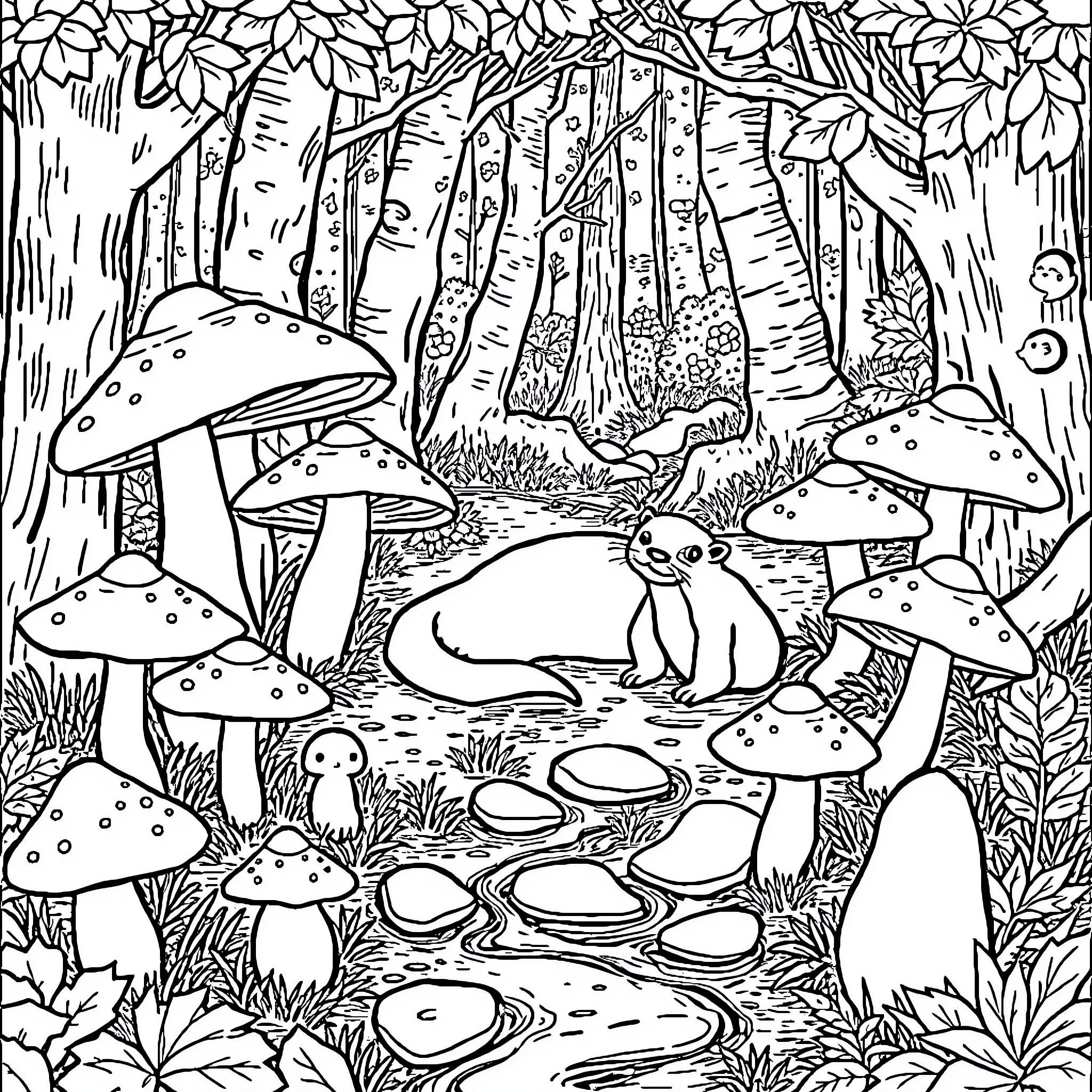 Mushroom Forest with Whimsical Creatures Coloring Page (free black-and-white line drawing printable PDF for all, from beginners to advanced learners, including children, teens, adults, and seniors)