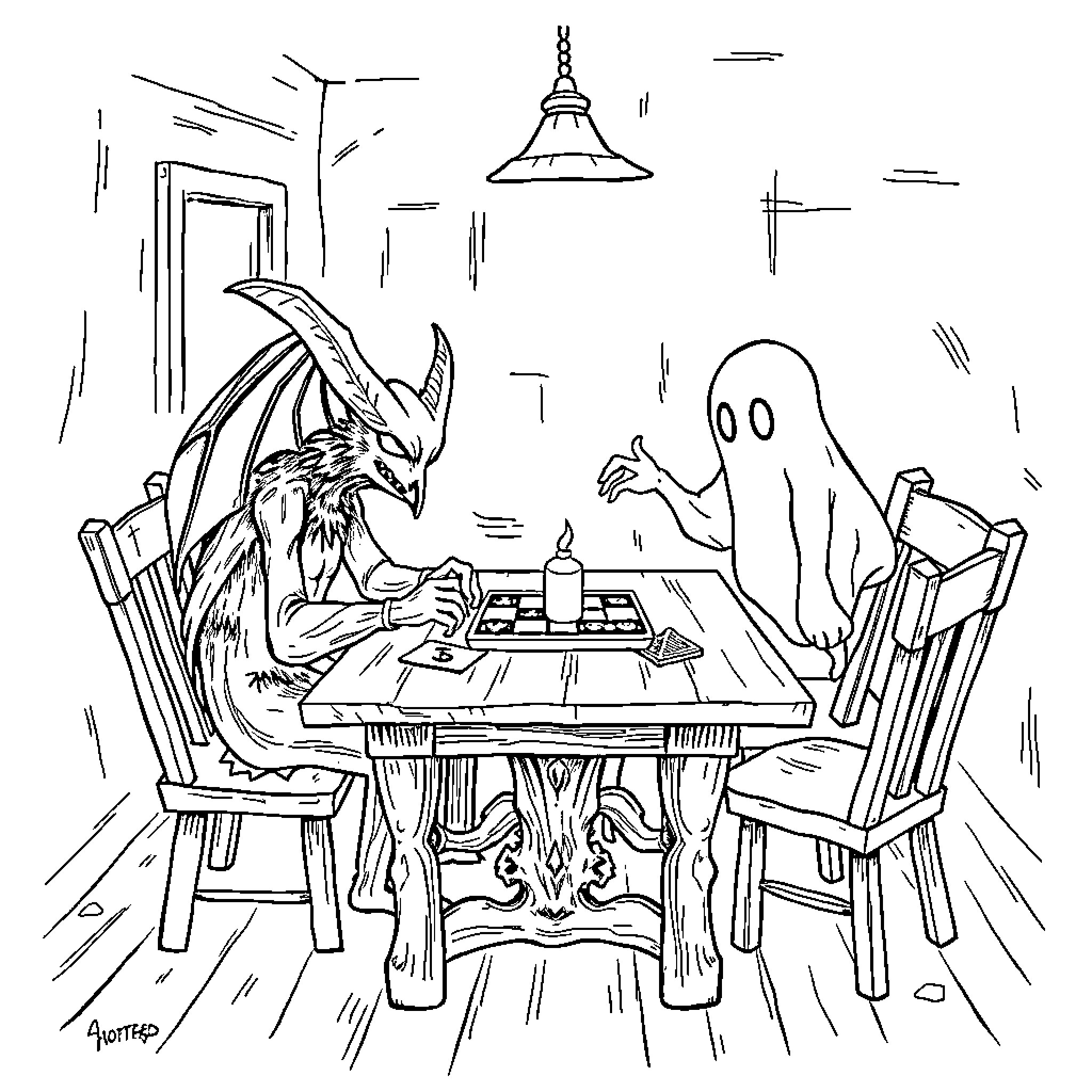 Mothman enjoying a late-night snack with a ghostly companion Coloring Page (free black-and-white line drawing printable PDF for all, from beginners to advanced learners, including children, teens, adults, and seniors)