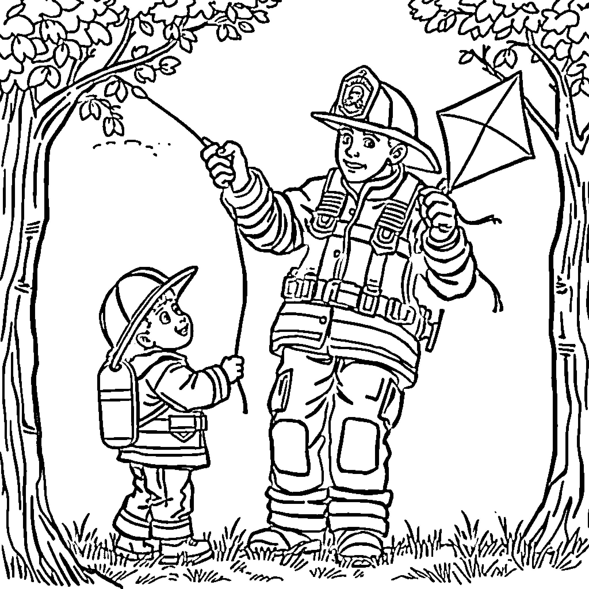 Firefighter saves child from wildfire in the woods Coloring Page (free black-and-white line drawing printable PDF for all, from beginners to advanced learners, including children, teens, adults, and seniors)