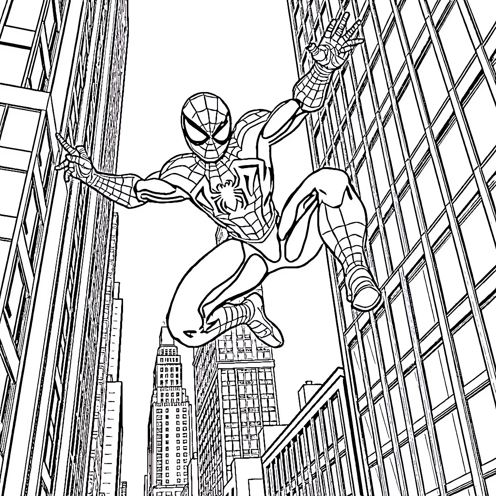 Spiderman swinging through the city skyline Coloring Page (free black-and-white line drawing printable PDF for all, from beginners to advanced learners, including children, teens, adults, and seniors)