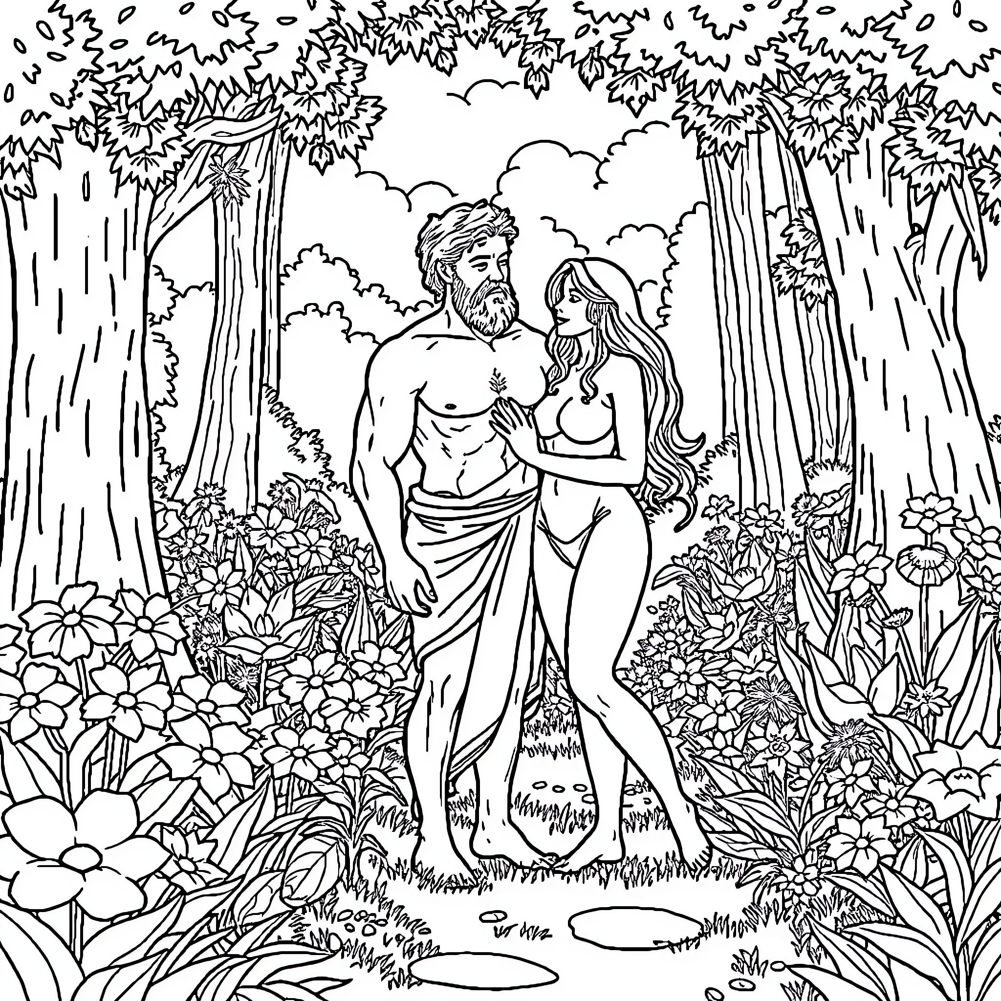 Adam and Eve in a lush, natural garden Coloring Page (free black-and-white line drawing printable PDF for all, from beginners to advanced learners, including children, teens, adults, and seniors)