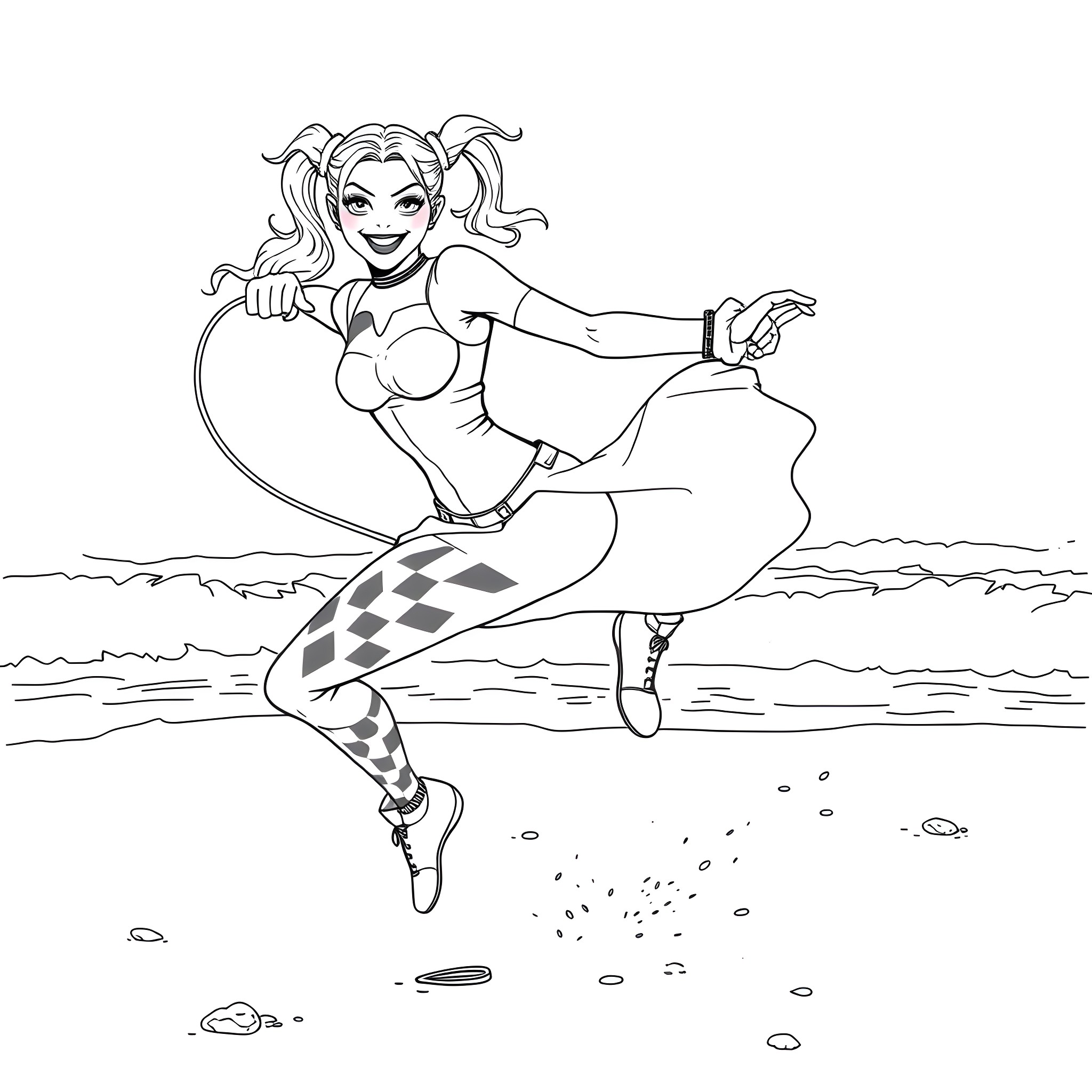 Harley Quinn surfing the waves with joy Coloring Page (free black-and-white line drawing printable PDF for all, from beginners to advanced learners, including children, teens, adults, and seniors)