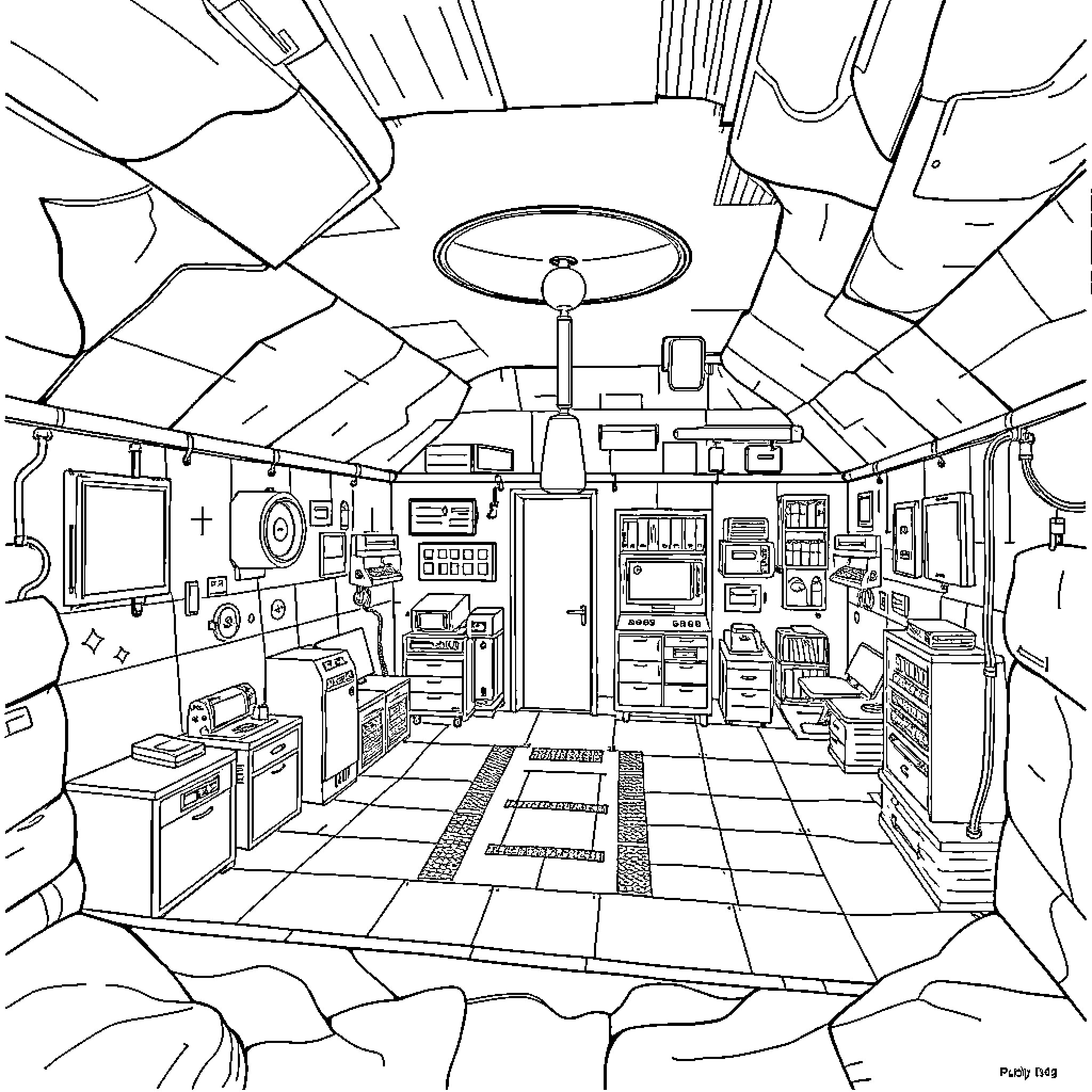 Nuclear Fallout Shelter: Furnished Interior with Survival Gear Coloring Page (free black-and-white line drawing printable PDF for all, from beginners to advanced learners, including children, teens, adults, and seniors)