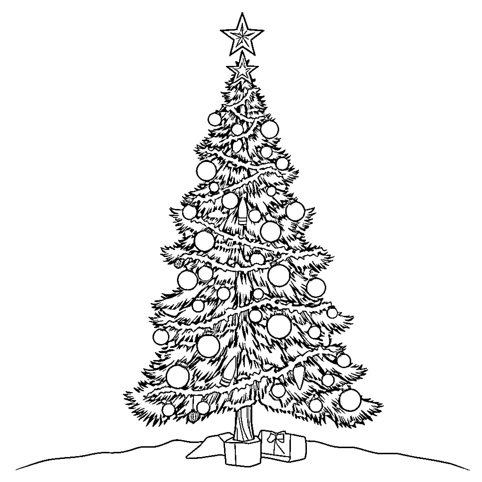 Christmas Tree with Decorated Ornaments and Star Coloring Page (free black-and-white line drawing printable PDF for all, from beginners to advanced learners, including children, teens, adults, and seniors)