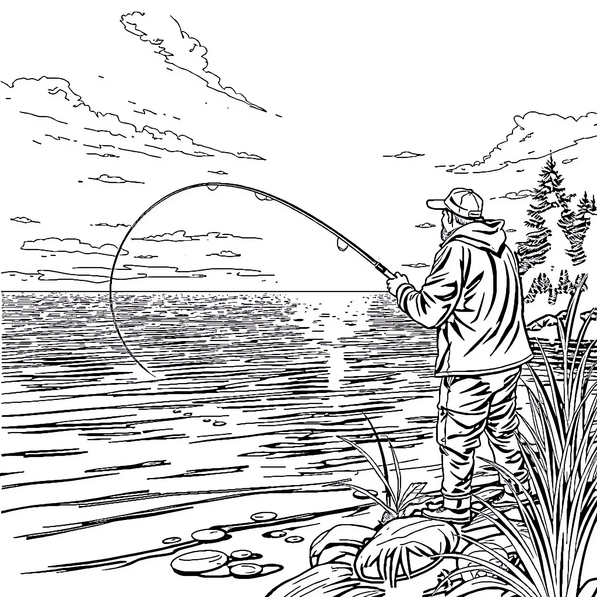 Baiter enjoying a peaceful fishing trip in nature Coloring Page (free black-and-white line drawing printable PDF for all, from beginners to advanced learners, including children, teens, adults, and seniors)