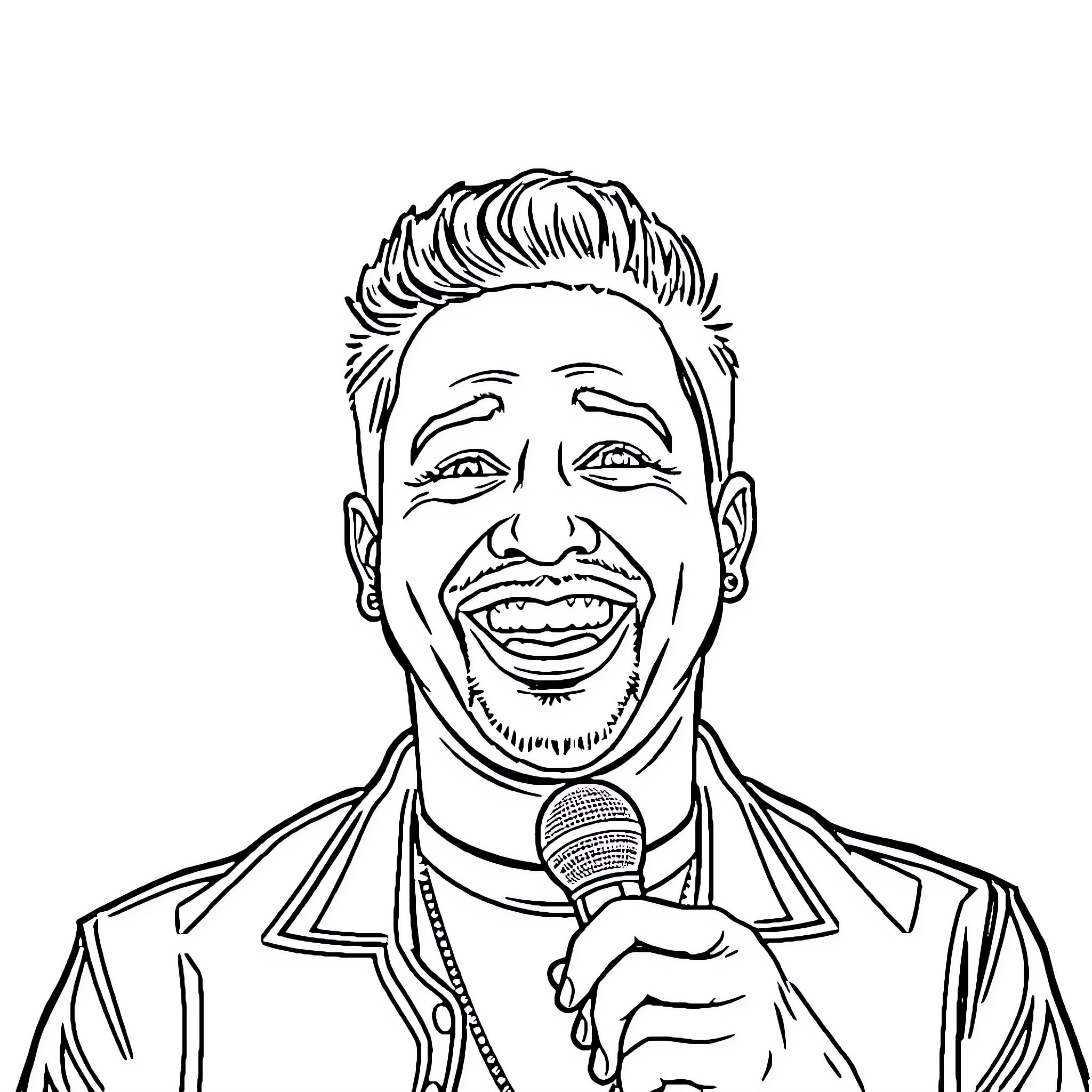 Franco Escamilla performing on stage with a microphone Coloring Page (free black-and-white line drawing printable PDF for all, from beginners to advanced learners, including children, teens, adults, and seniors)