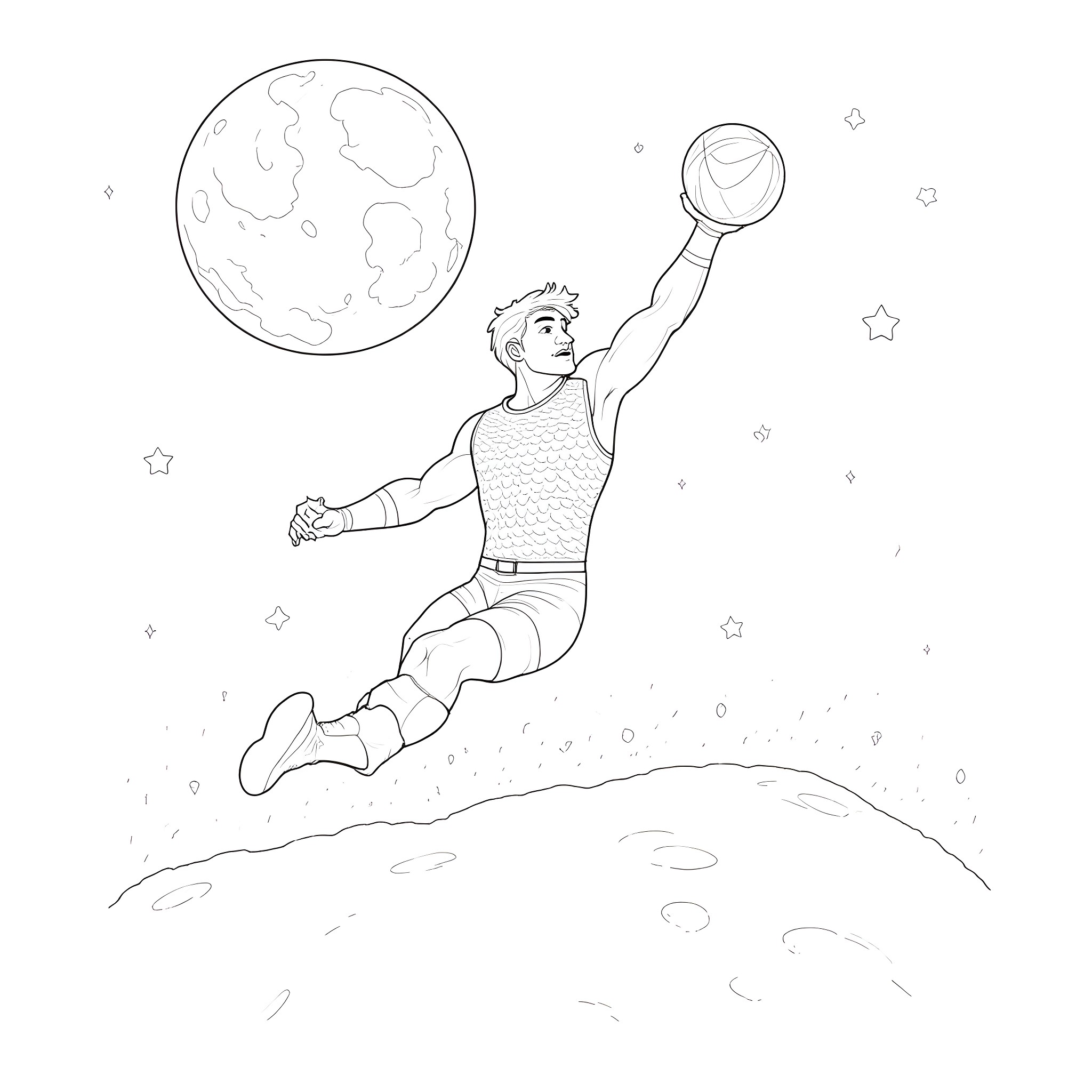 Aquaman soaring through the cosmos Coloring Page (free black-and-white line drawing printable PDF for all, from beginners to advanced learners, including children, teens, adults, and seniors)