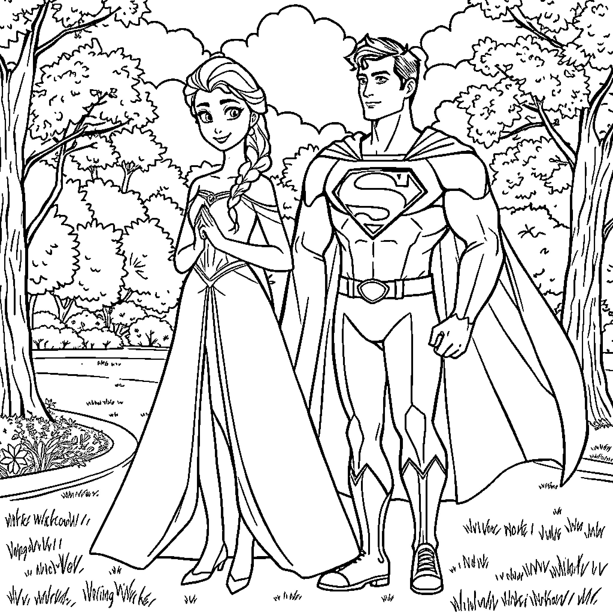 Elsa and Superman in a Magical Forest Coloring Page (free black-and-white line drawing printable PDF for all, from beginners to advanced learners, including children, teens, adults, and seniors)