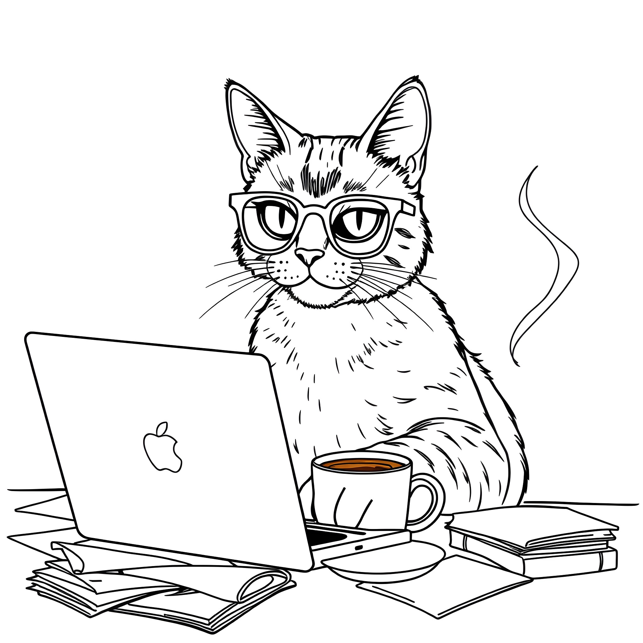 Cat Studying Intently at Laptop with Coffee Coloring Page (free black-and-white line drawing printable PDF for all, from beginners to advanced learners, including children, teens, adults, and seniors)